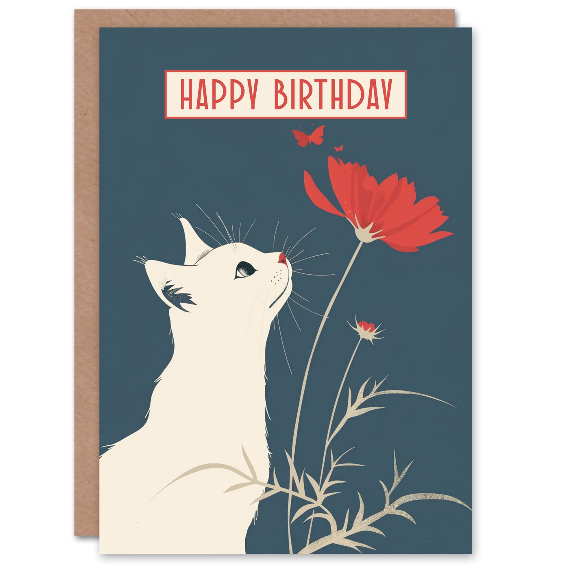 Birthday Card Sweet White Cat Lover Red Flower Design Greeting Card