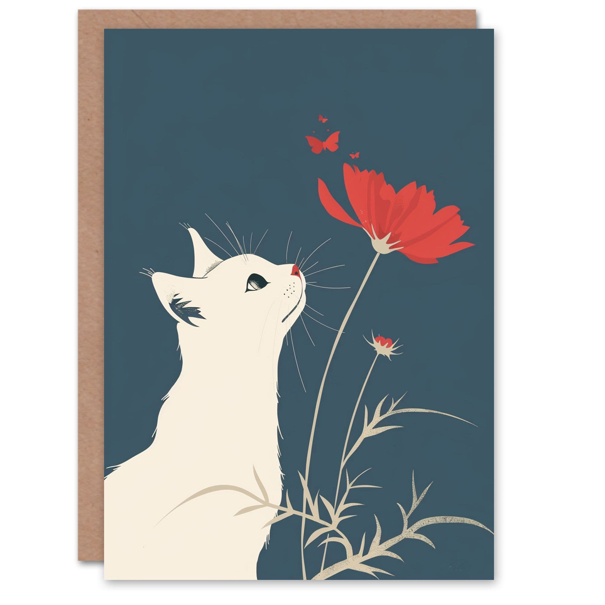 Birthday Card Red Flower Sweet Cat Lover Design Greeting Card