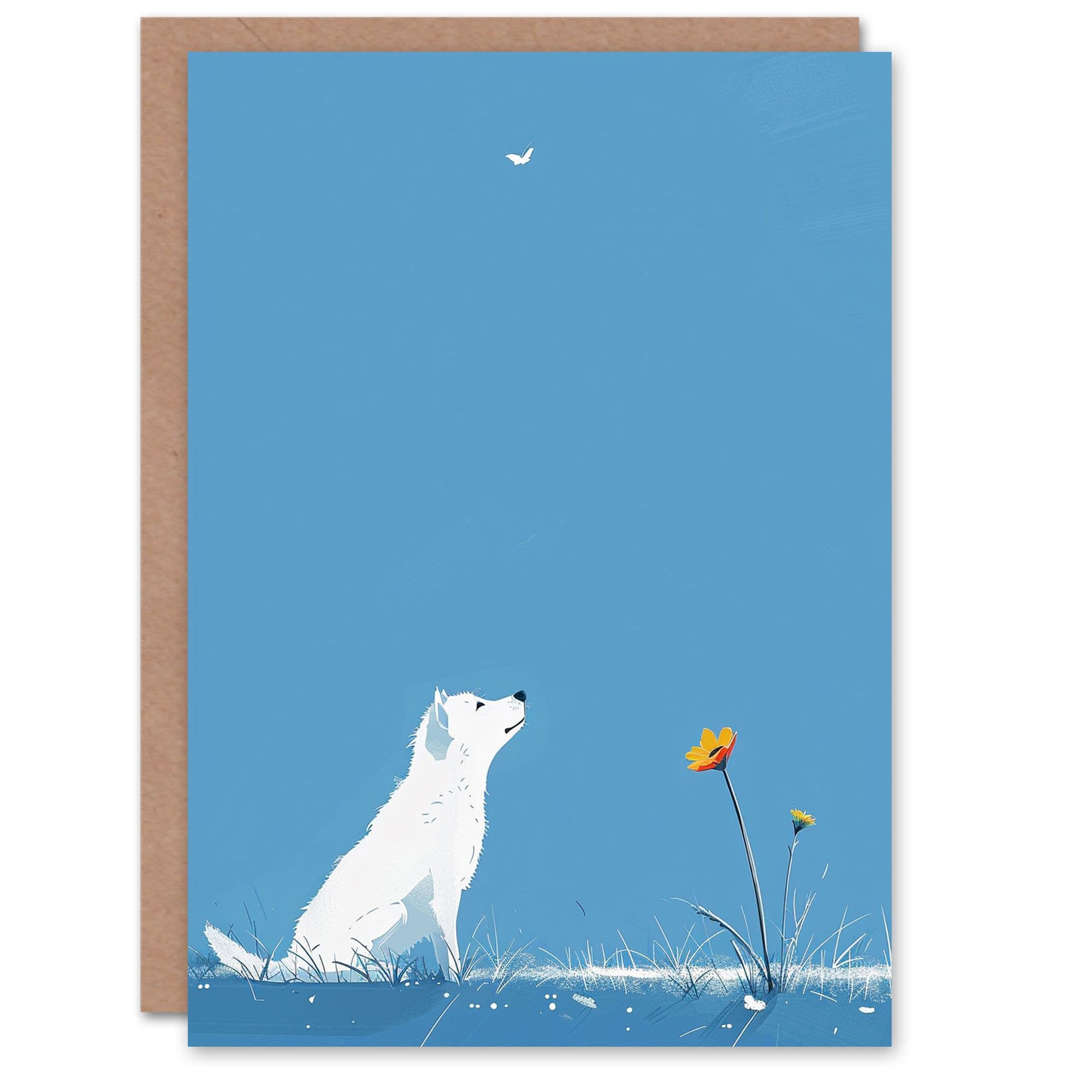 Birthday Card Sweet White Husky Puppy Dog Flower Butterfly Blue