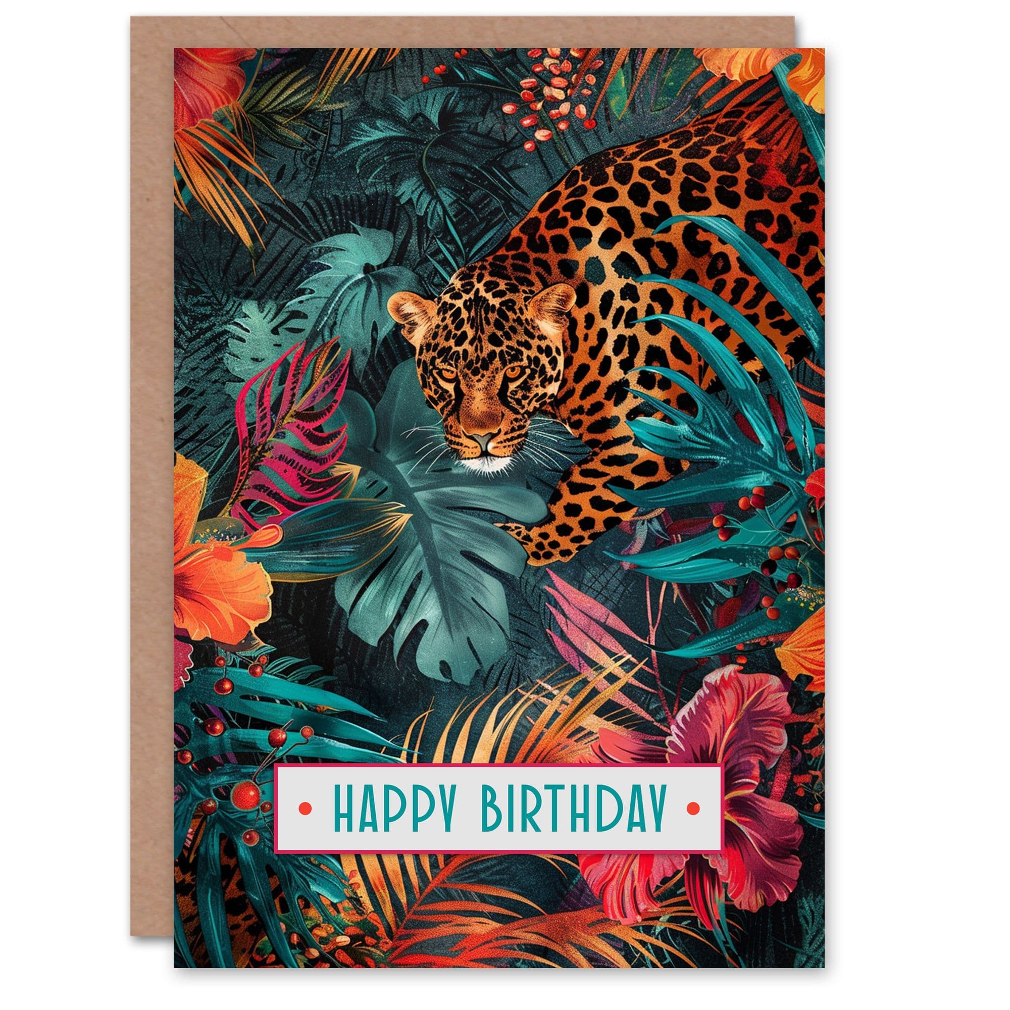 Birthday Card Prowling Leopard in Dark Tropical Flowers Jungle Exotic