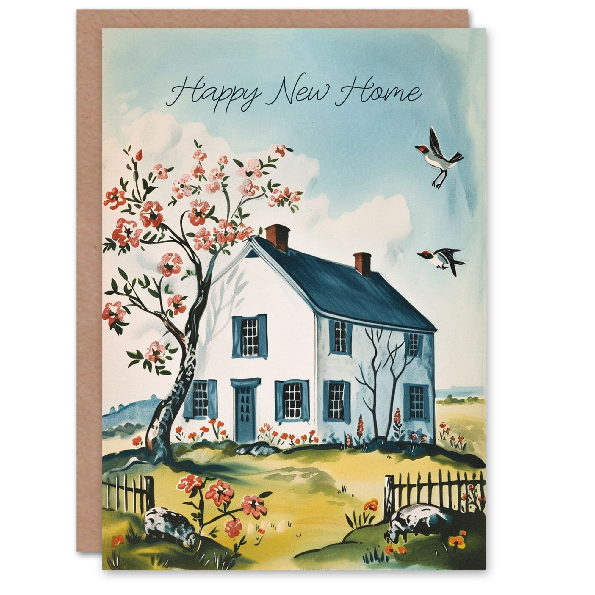Housewarming Card Happy New Home Quaint White House Timeless Birds
