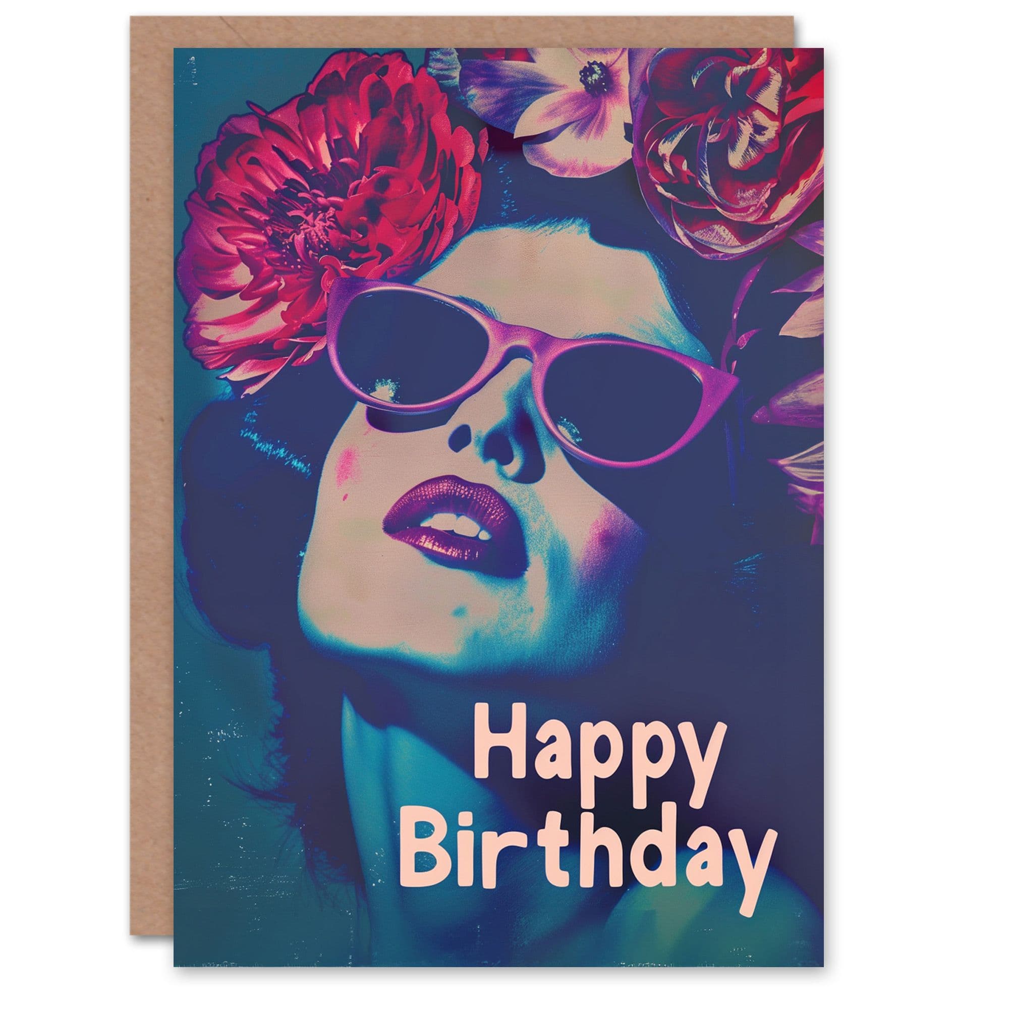 Birthday Card Vintage Woman Shades Flower Crown Hot Pink Retro