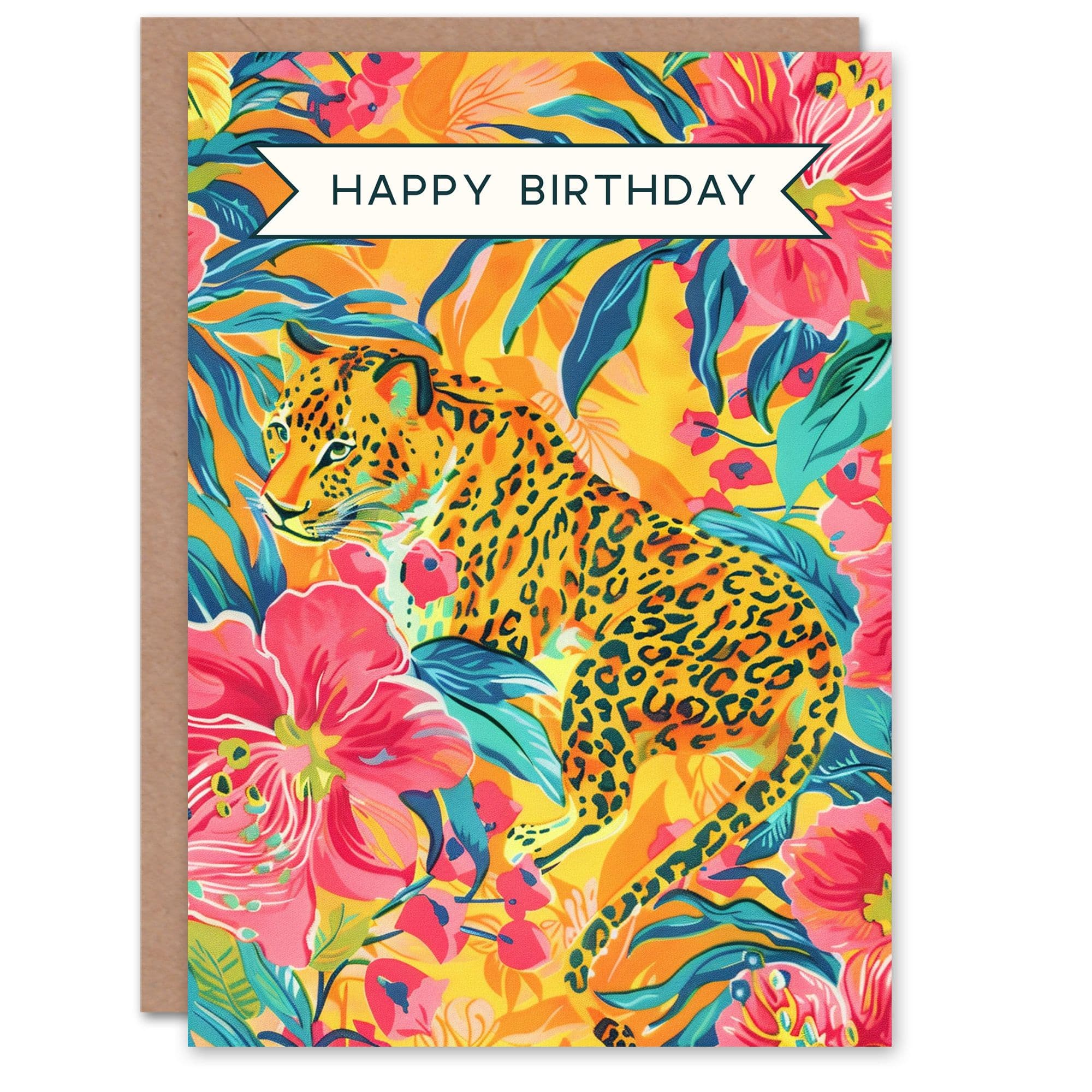 Birthday Card Colourful Jaguar Cat Exotic Orchid Flowers