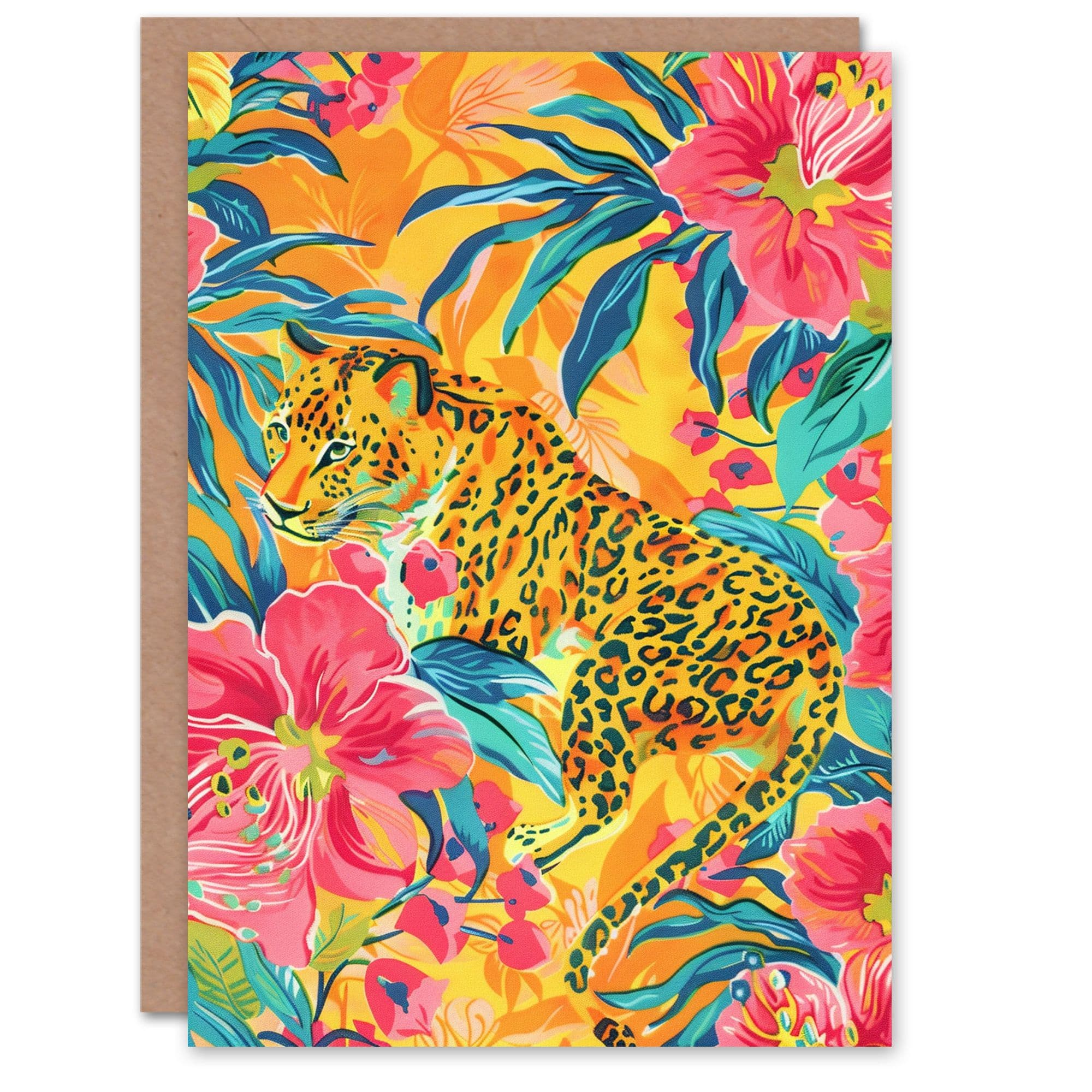 Birthday Card Jaguar Cat in Exotic Pink Orchid Flowers Painting Bright