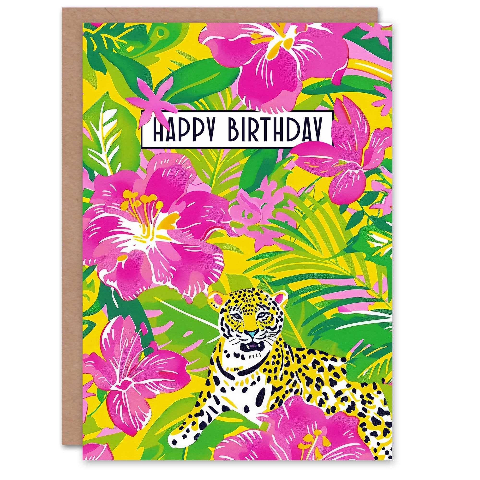 Birthday Card Exotic Jungle Leopard Orchid Flowers