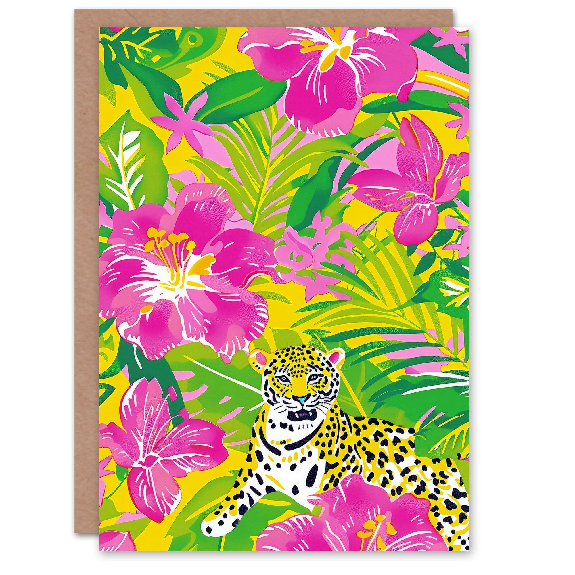 Birthday Card Leopard Orchid Flowers Artwork Exotic Jungle