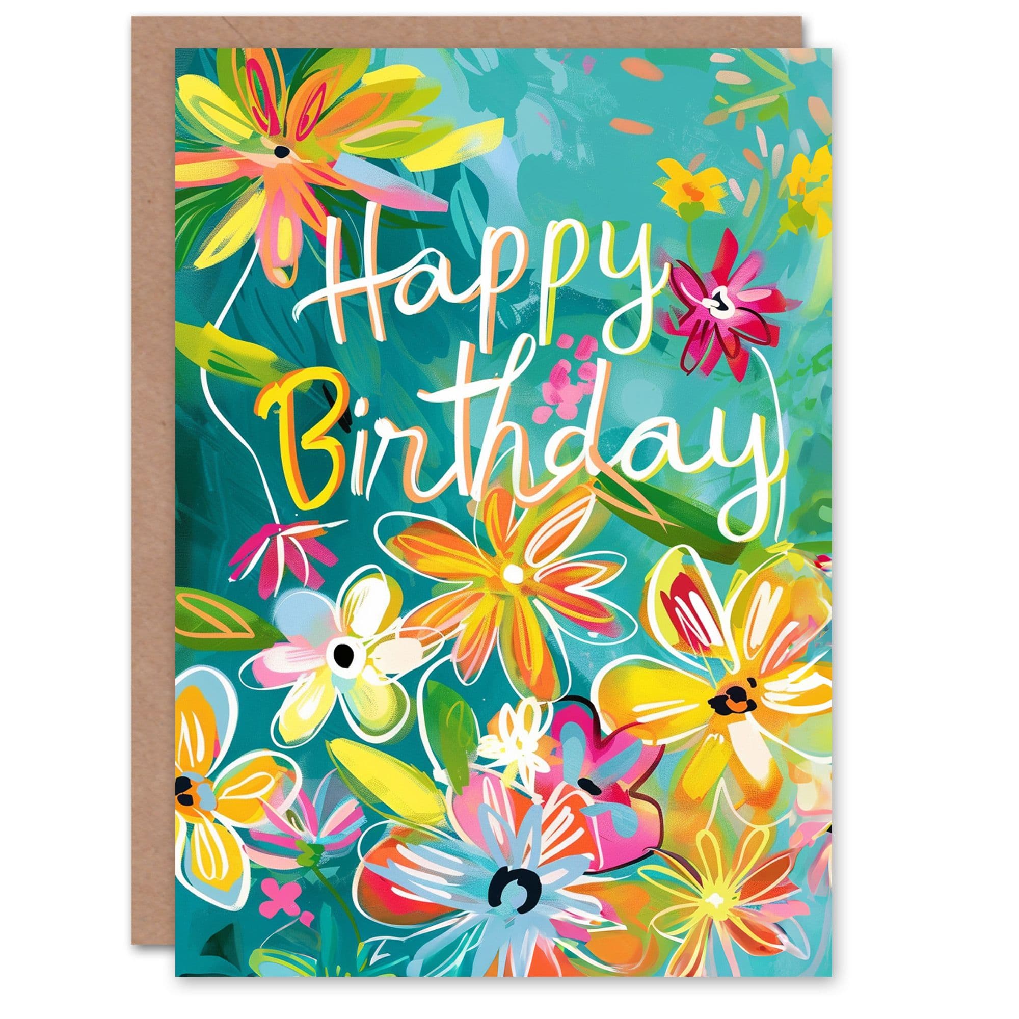 Birthday Card Tropical Exotic Flowers Painting Bright Colourful Joy