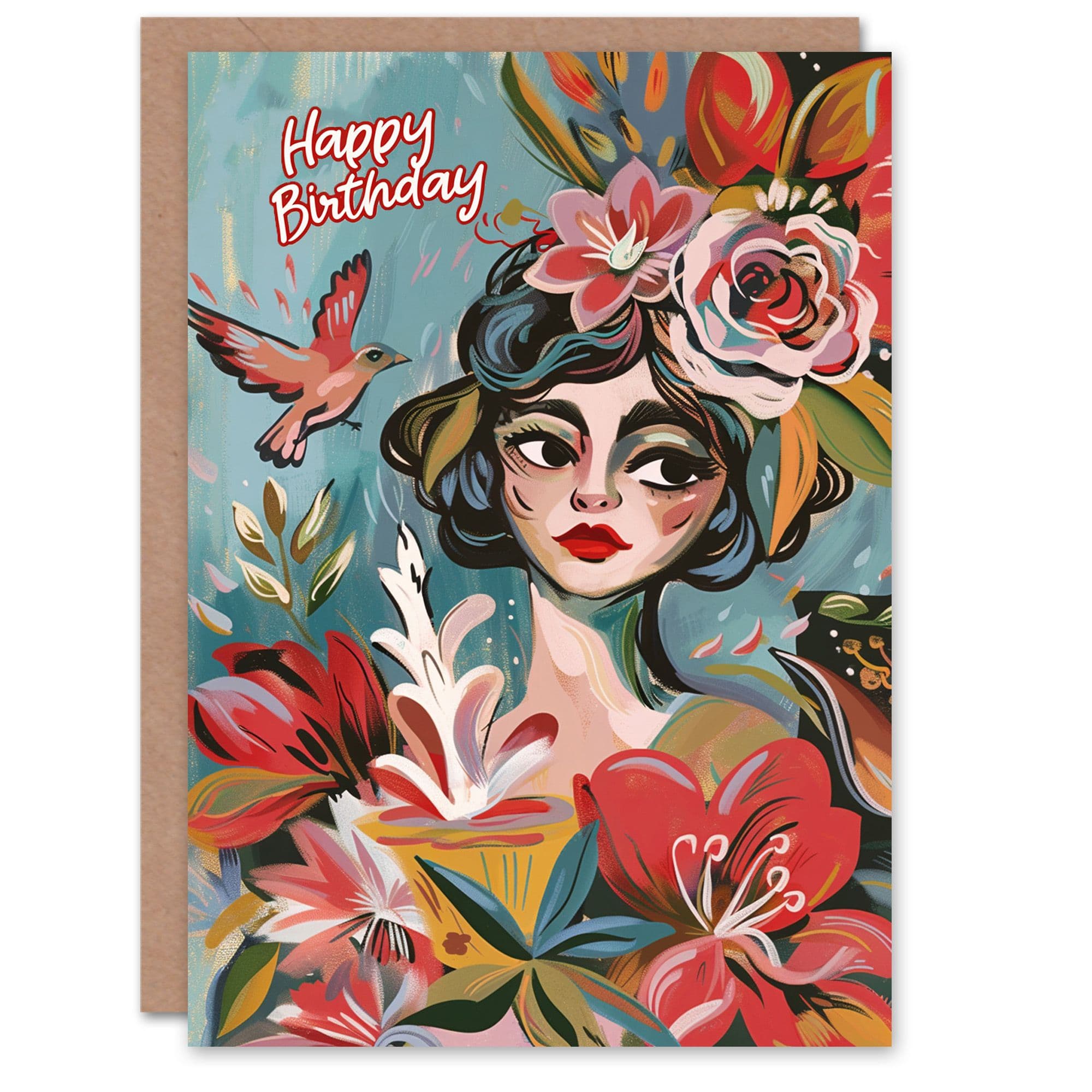 Birthday Card Vintage Tropical Lady Flowers Bird Bright Colourful
