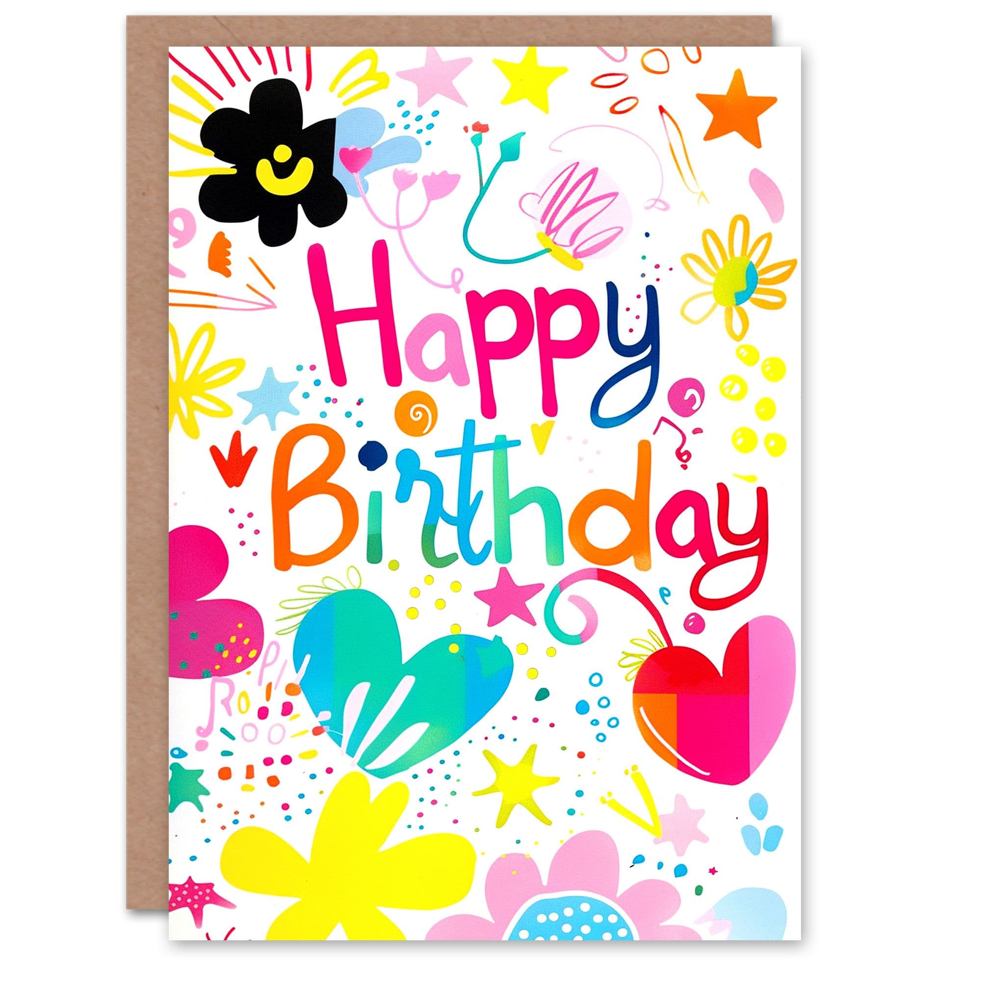 Birthday Card Colourful Drawing Lovehearts Flowers Greeting Card