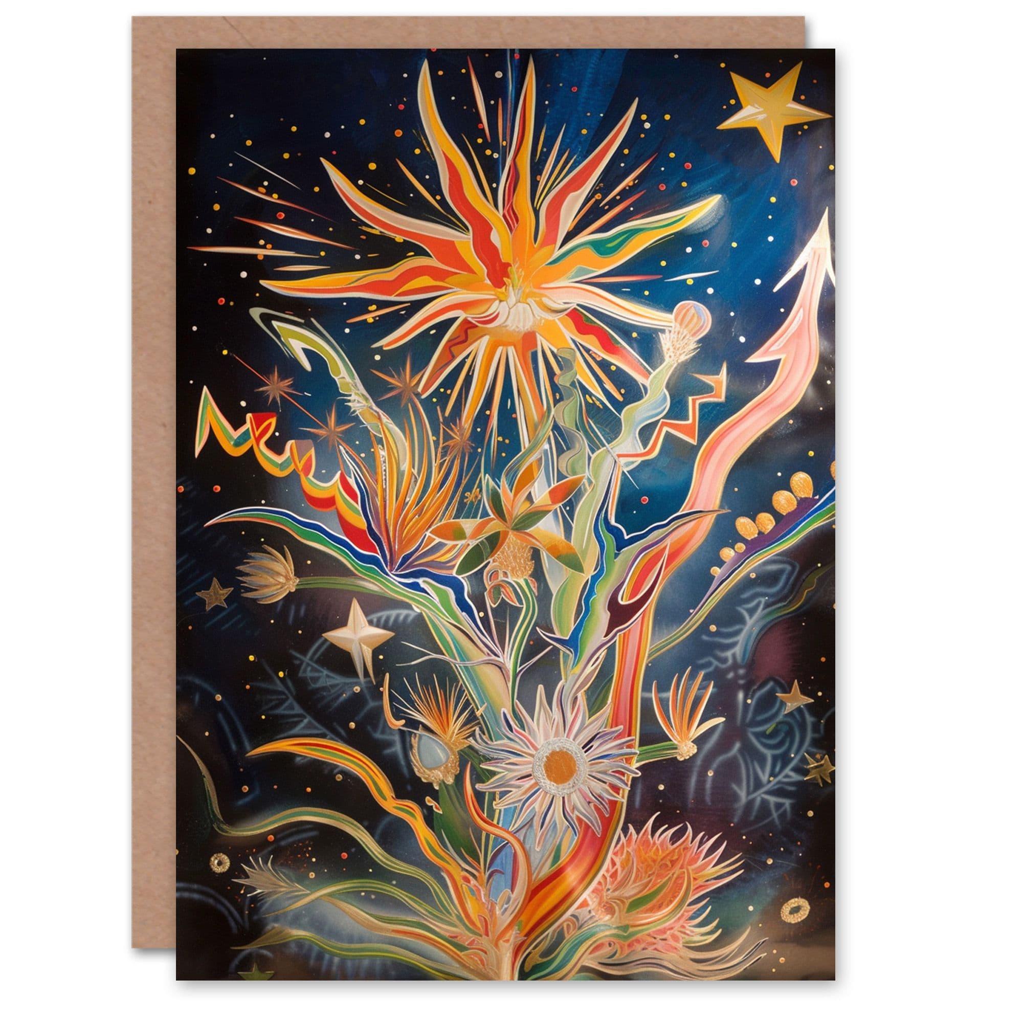 Birthday Card Abstract Space Flowers Stars Night Sky Glowing