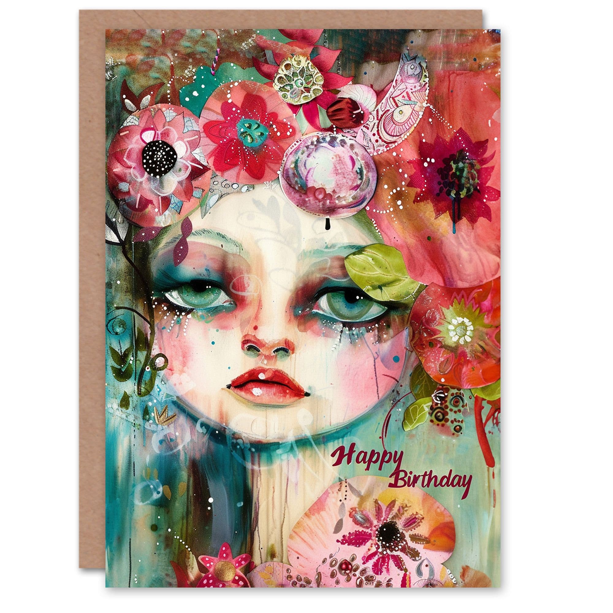 Birthday Card Colourful Weird Doll Face Trippy Floral