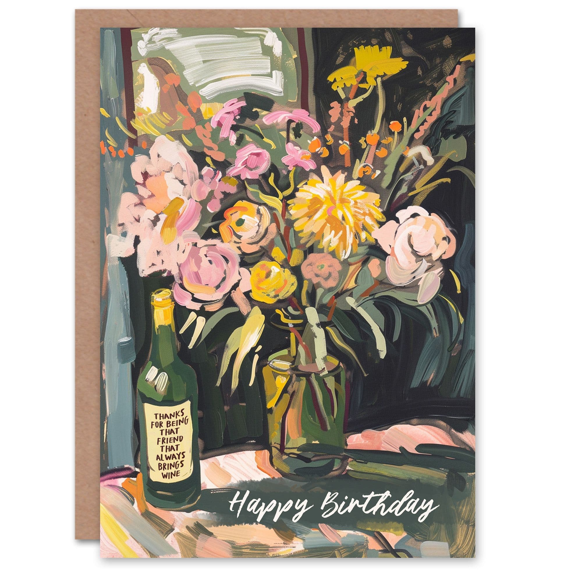 Birthday Card Thank You Wine Friend Flower Bouquet Painting