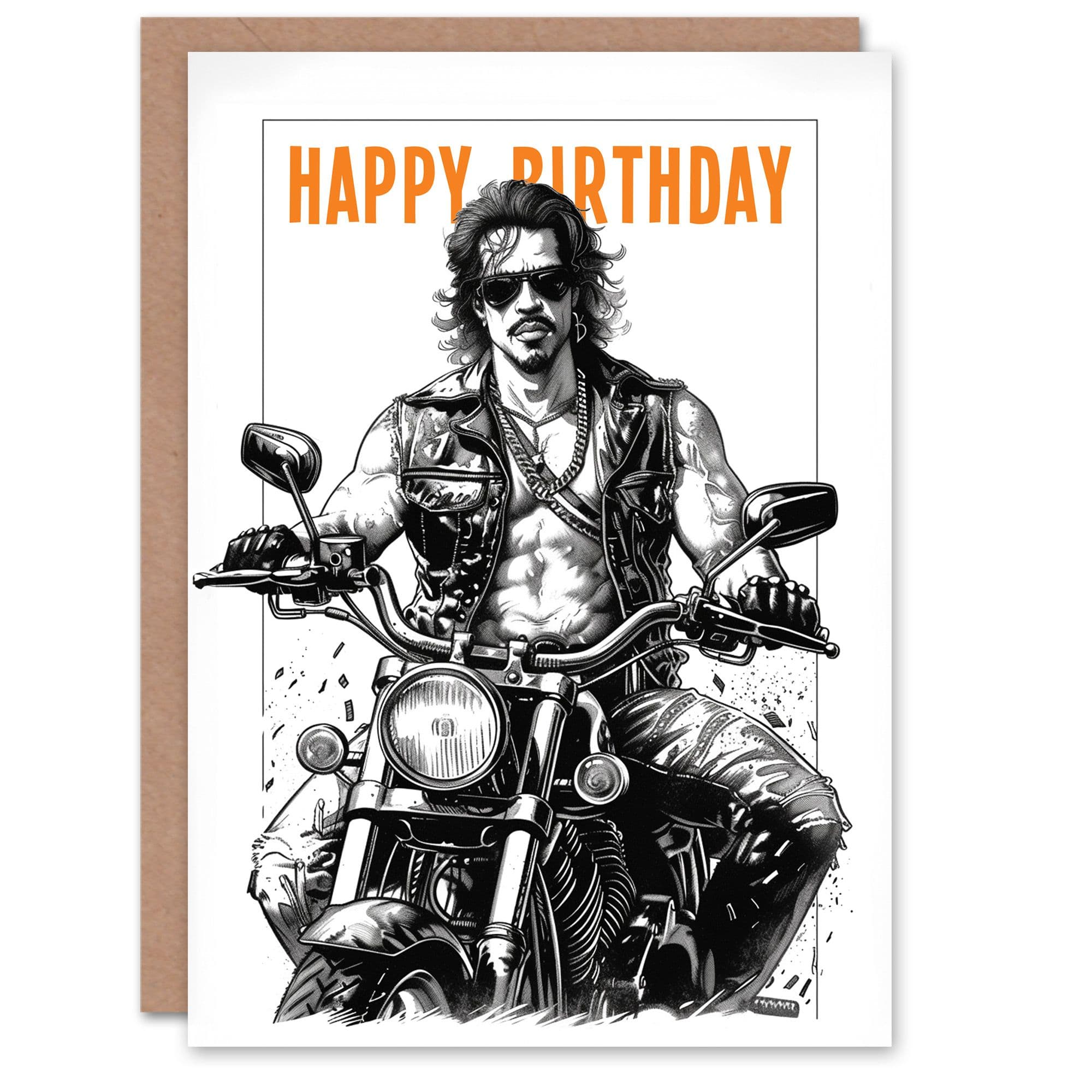 Birthday Card Biker Drawing Leather Muscle Sexy Motorbike Him Her