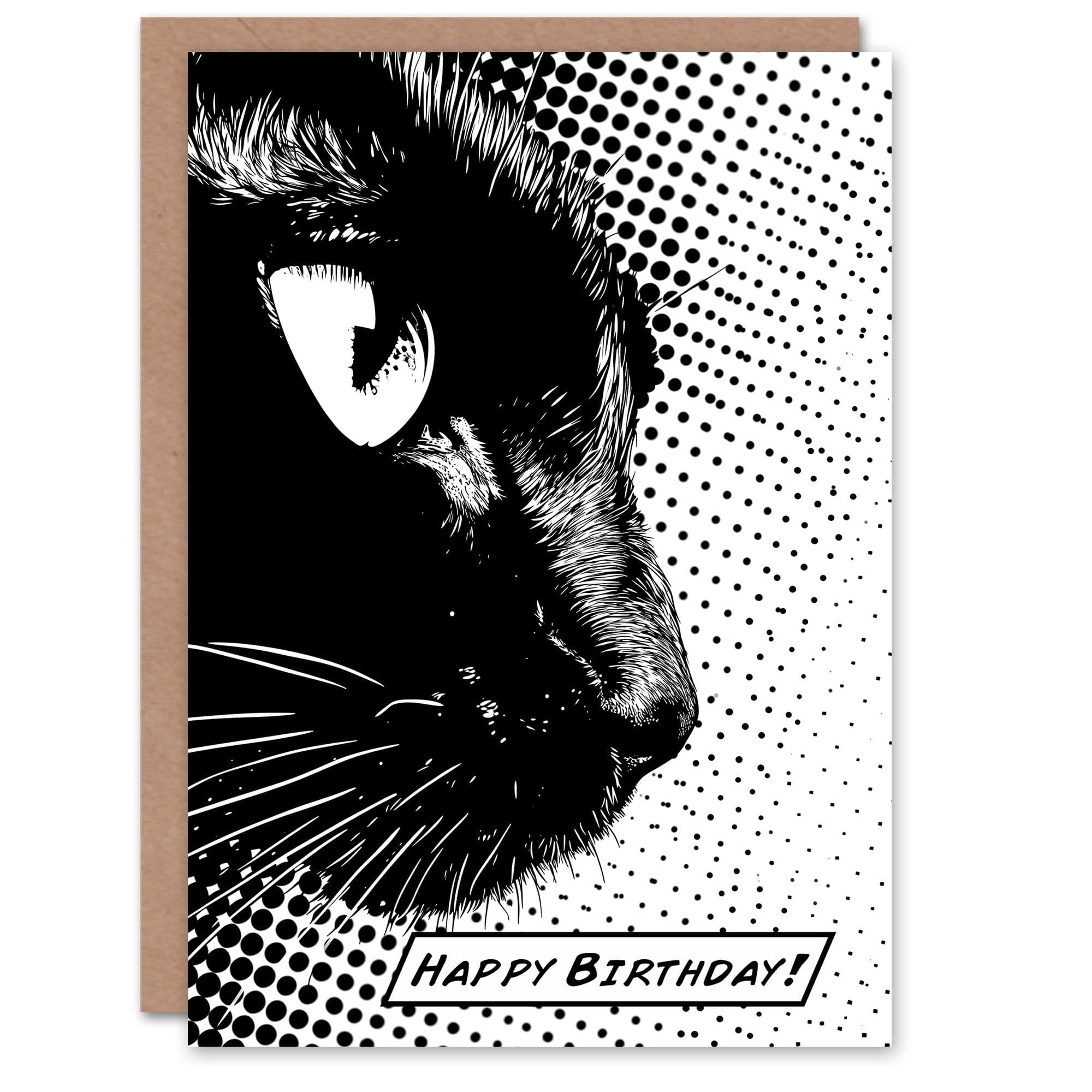 Birthday Card Pop Art Cat Black and White Comic Animal Lover Him Her