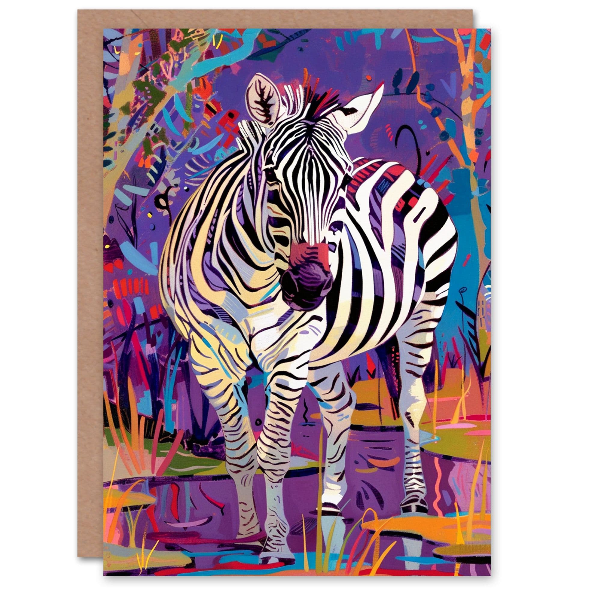 Birthday Card Colourful Zebra Artwork Safari Animal Lover Bright
