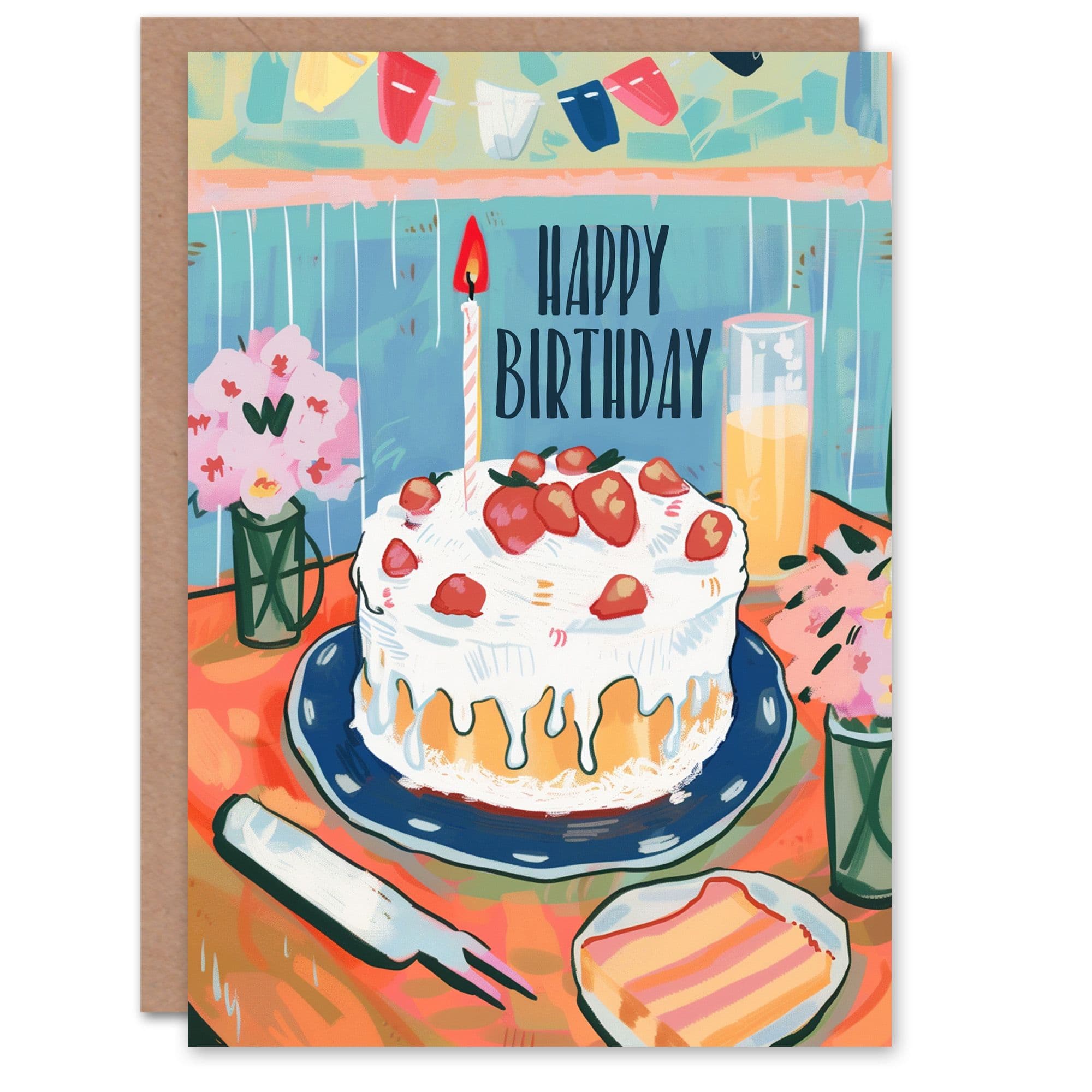 Birthday Card Strawberry Birthday Cake Painting Table Flowers Him Her
