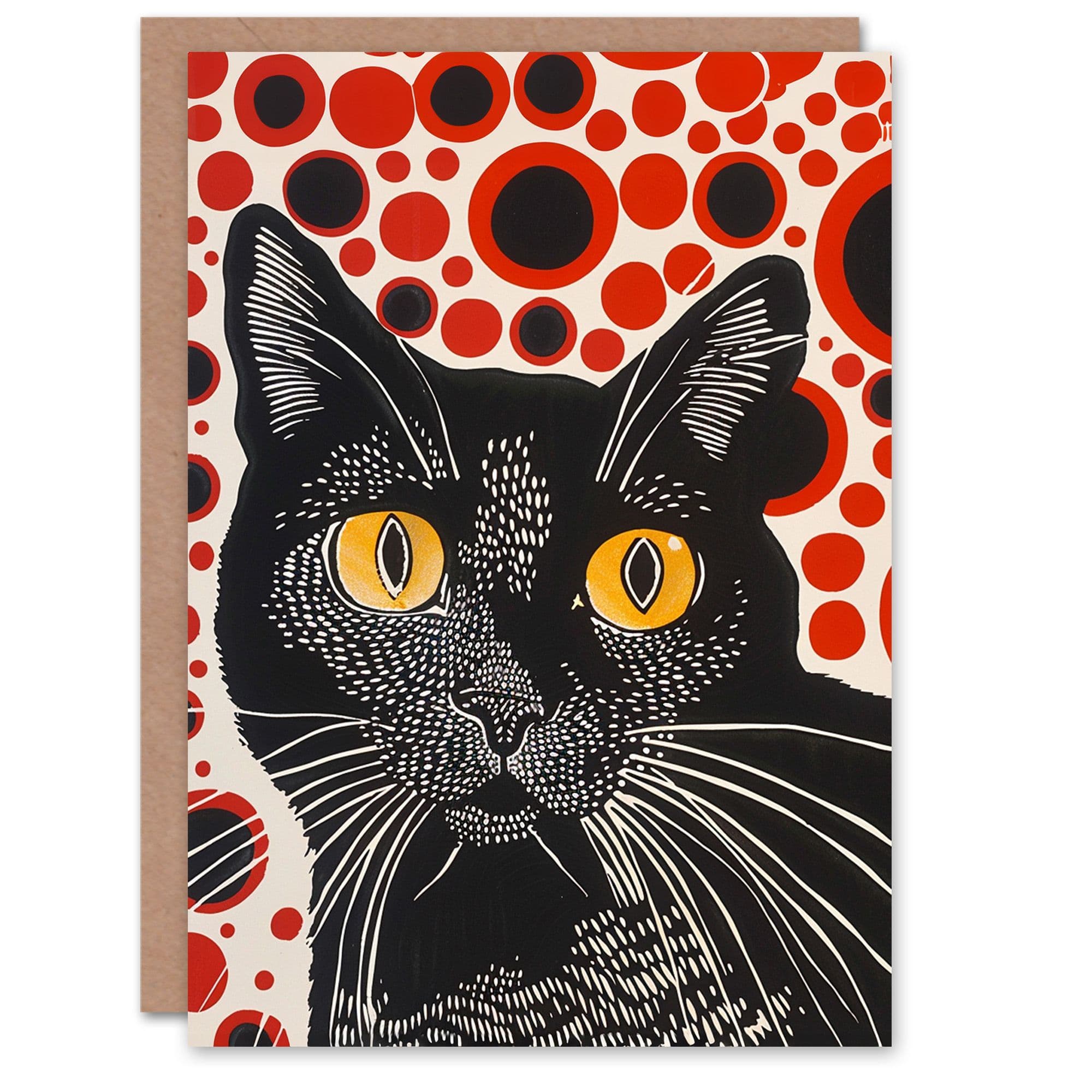 Birthday Card Block Print Black Cat Red Dots Animal Lover For Him Her