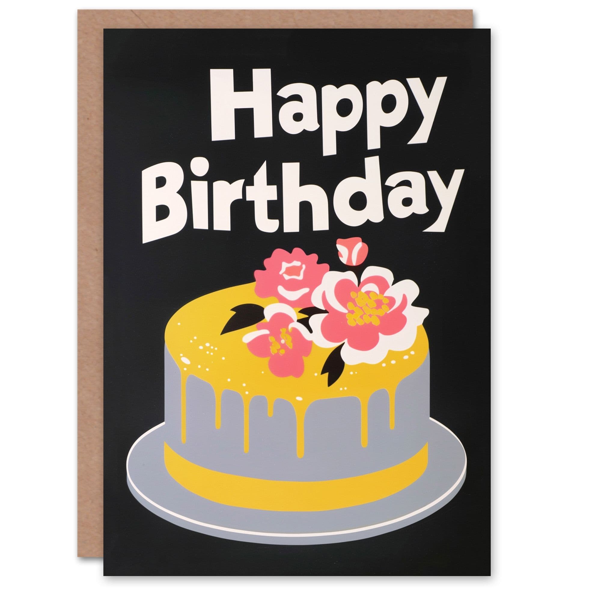 Birthday Card Birthday Cake Black Yellow Contrast Floral Roses Him Her