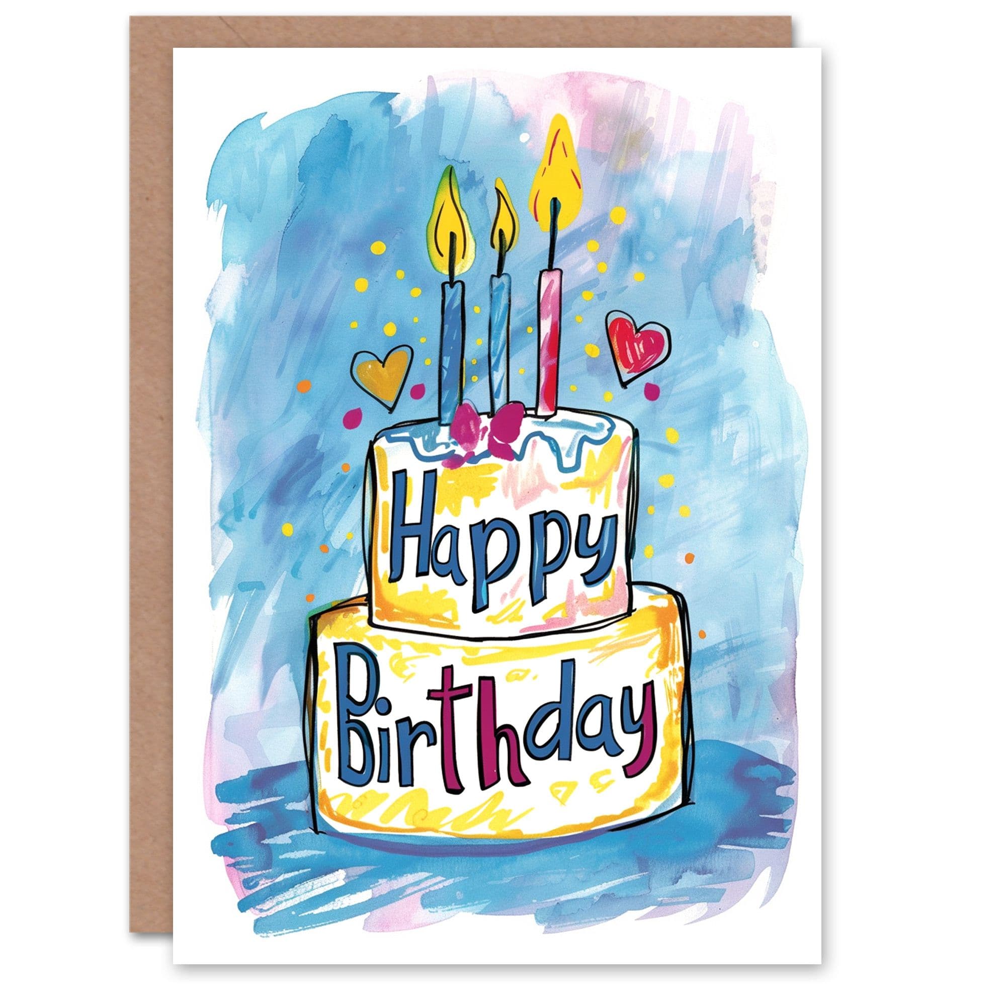 Birthday Card Blue Watercolour Birthday Cake Candles Fun Drawing