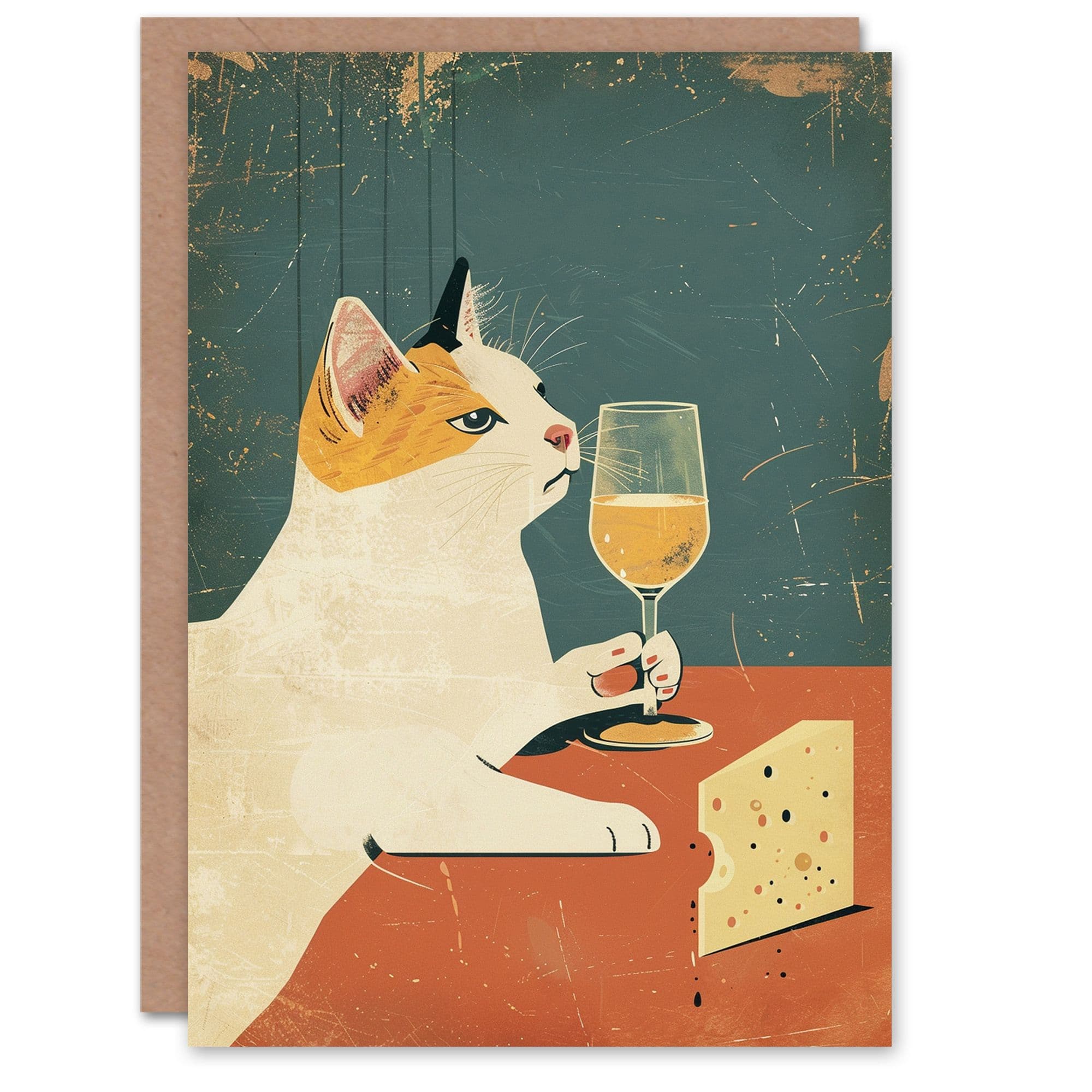 Birthday Card Wino Cat Cheese Lover Fun Artwork Sophisticated Pet