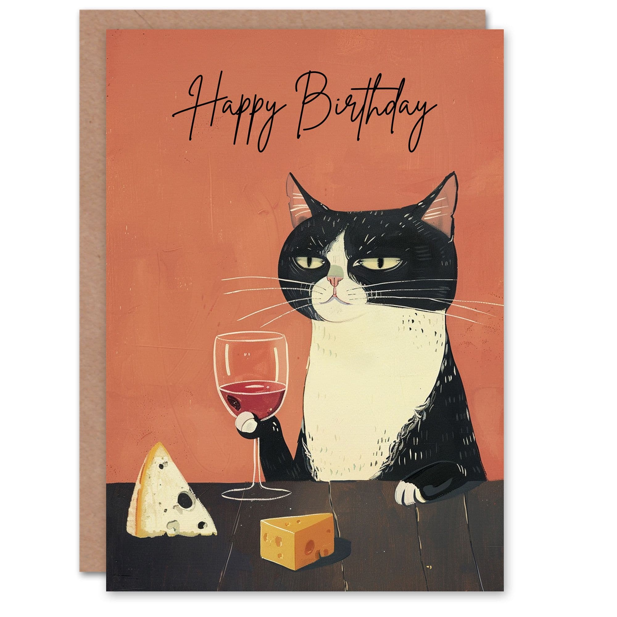 Birthday Card Sophisticated Tuxedo Wino Cat Cheese Lover Fun Artwork
