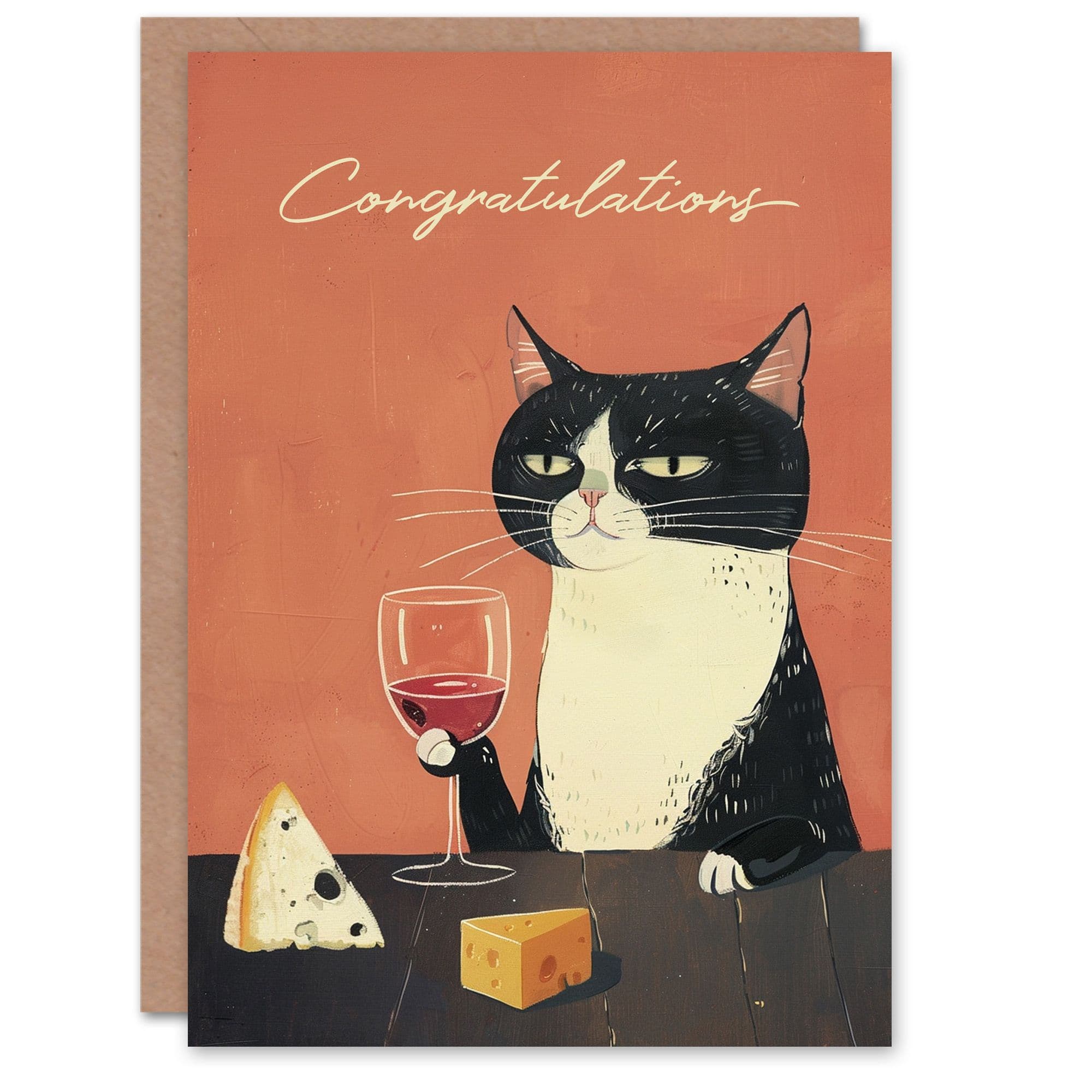 Congratulations Card Sophisticated Tuxedo Wino Cat Cheese Lover Fun