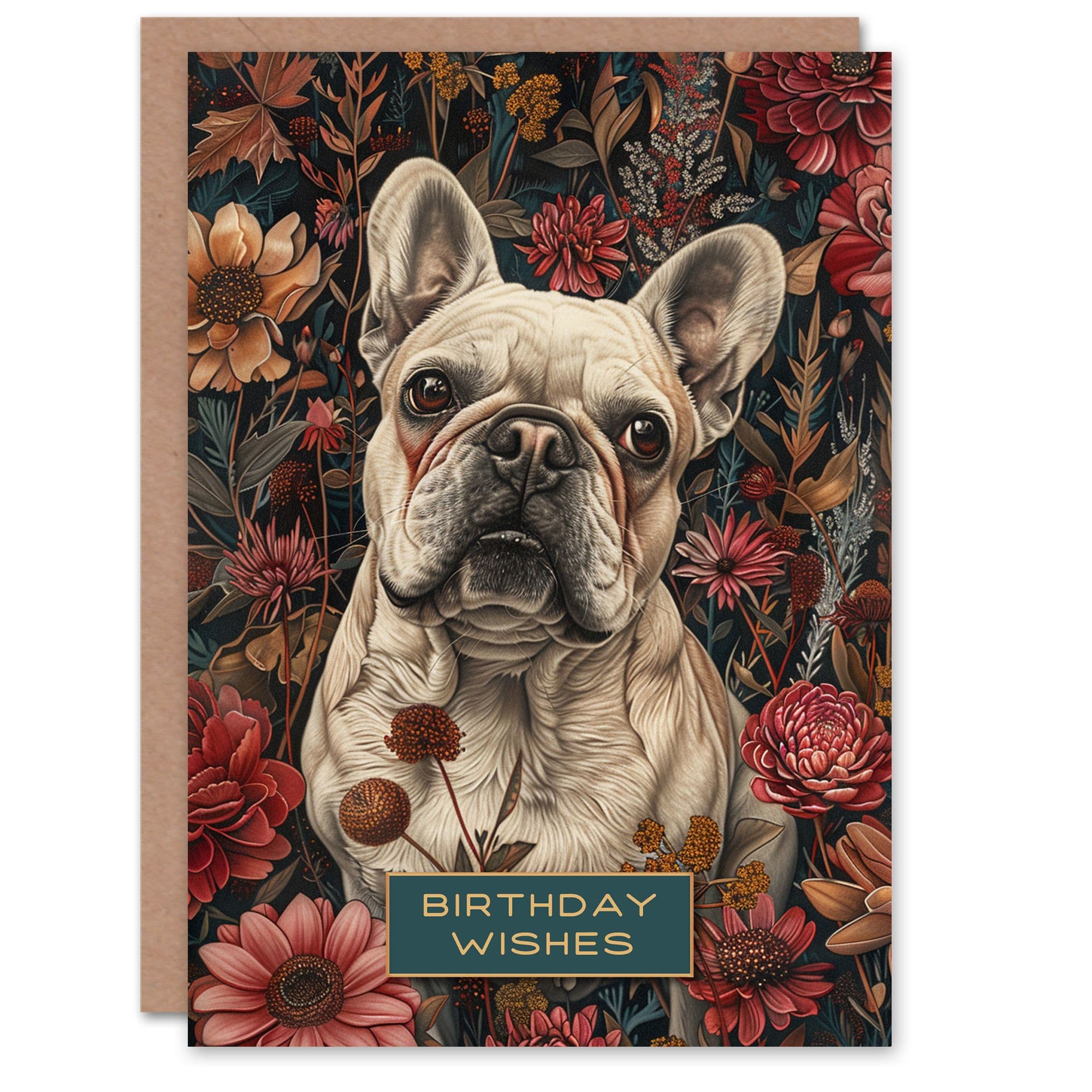 Birthday Card Tan French Bulldog in Wildflower Garden Wishes Him Her