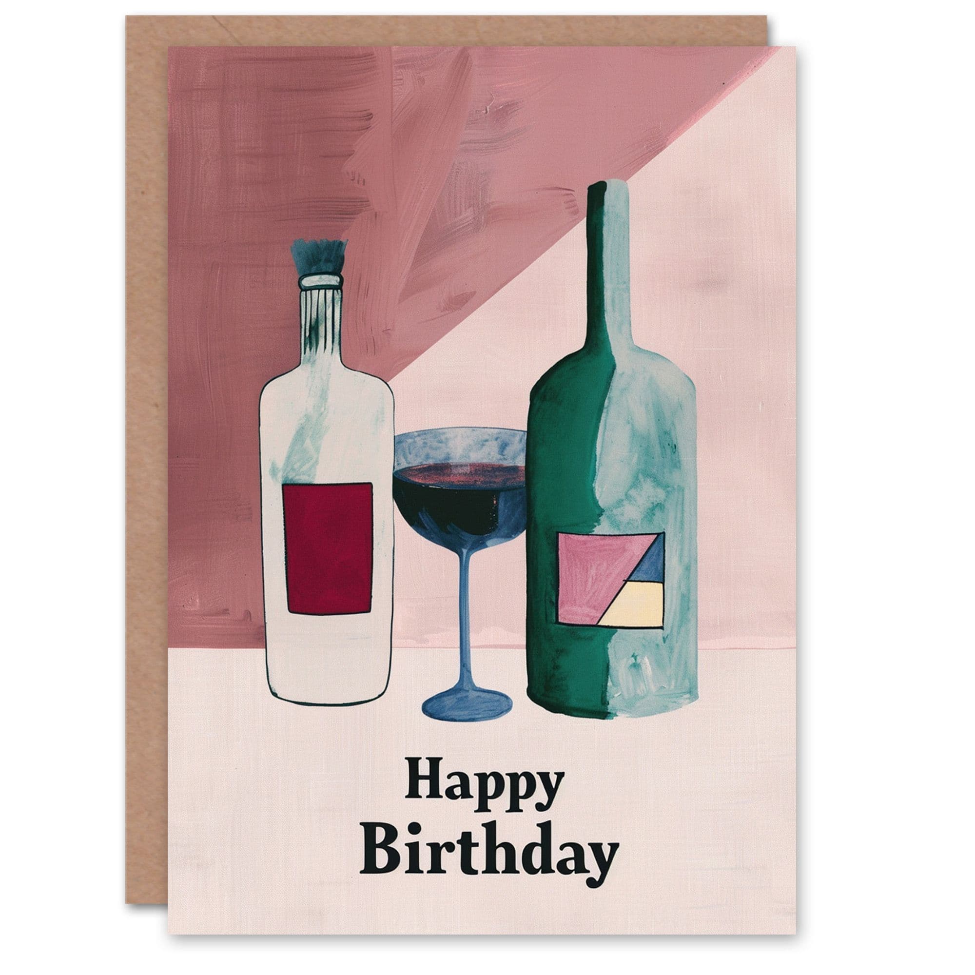 Birthday Card Two Wine Bottles Red Glass Morandi Inspired Painting
