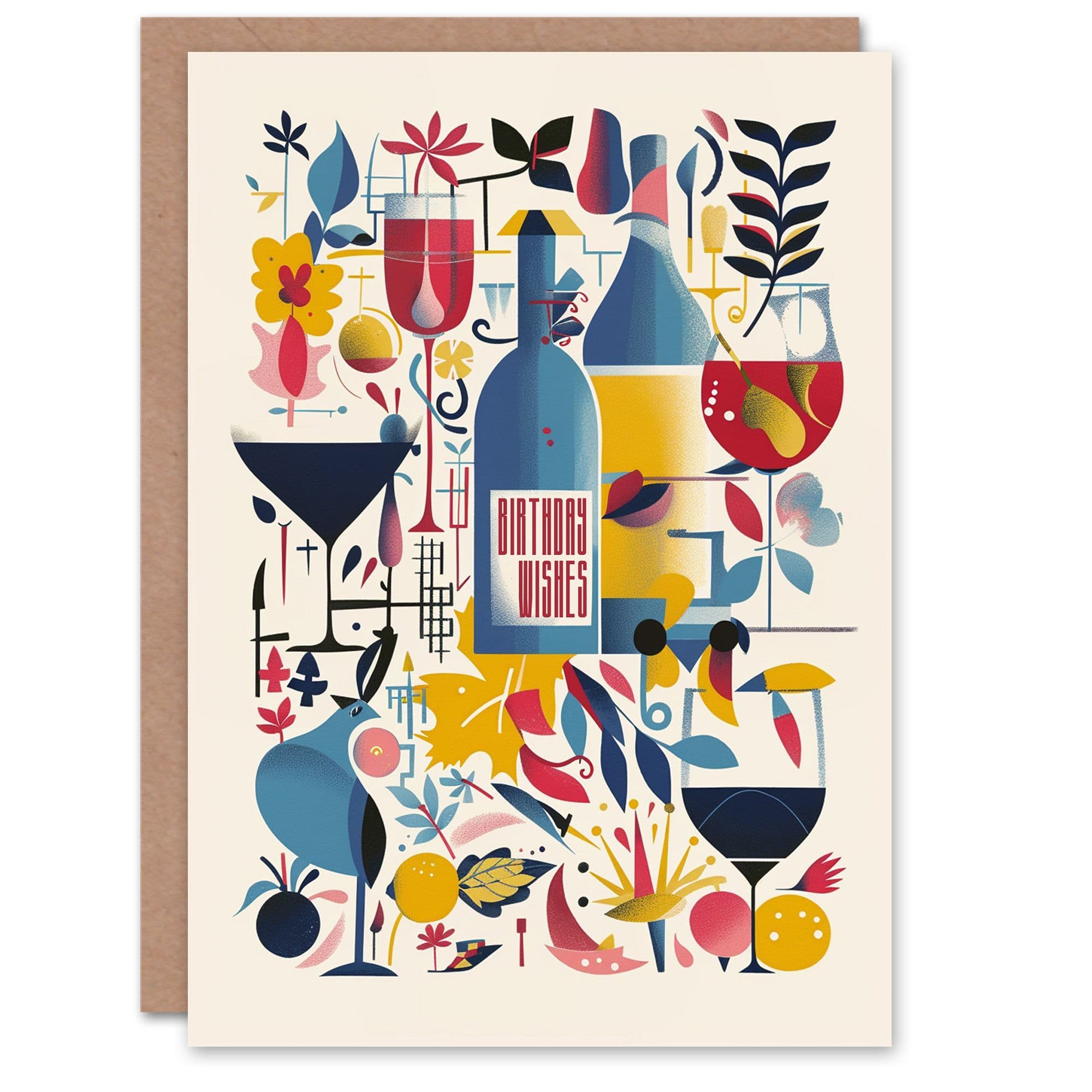 Birthday Card Colourful Wine Bottles Glasses Artwork Floral Birds
