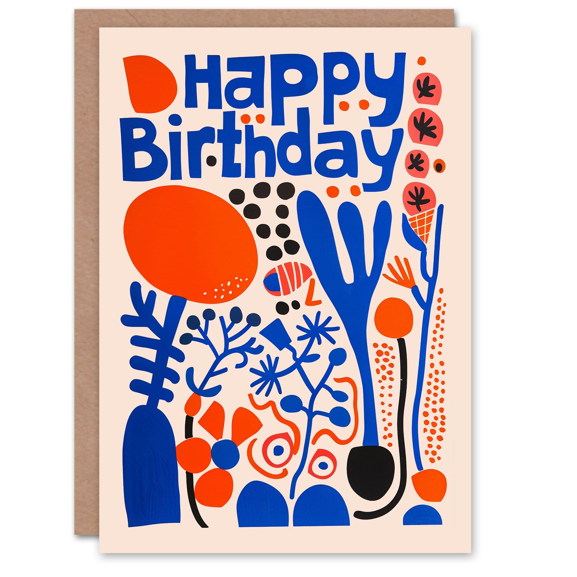 Birthday Card Bright Red Scandi Floral Plant Artwork Him Her