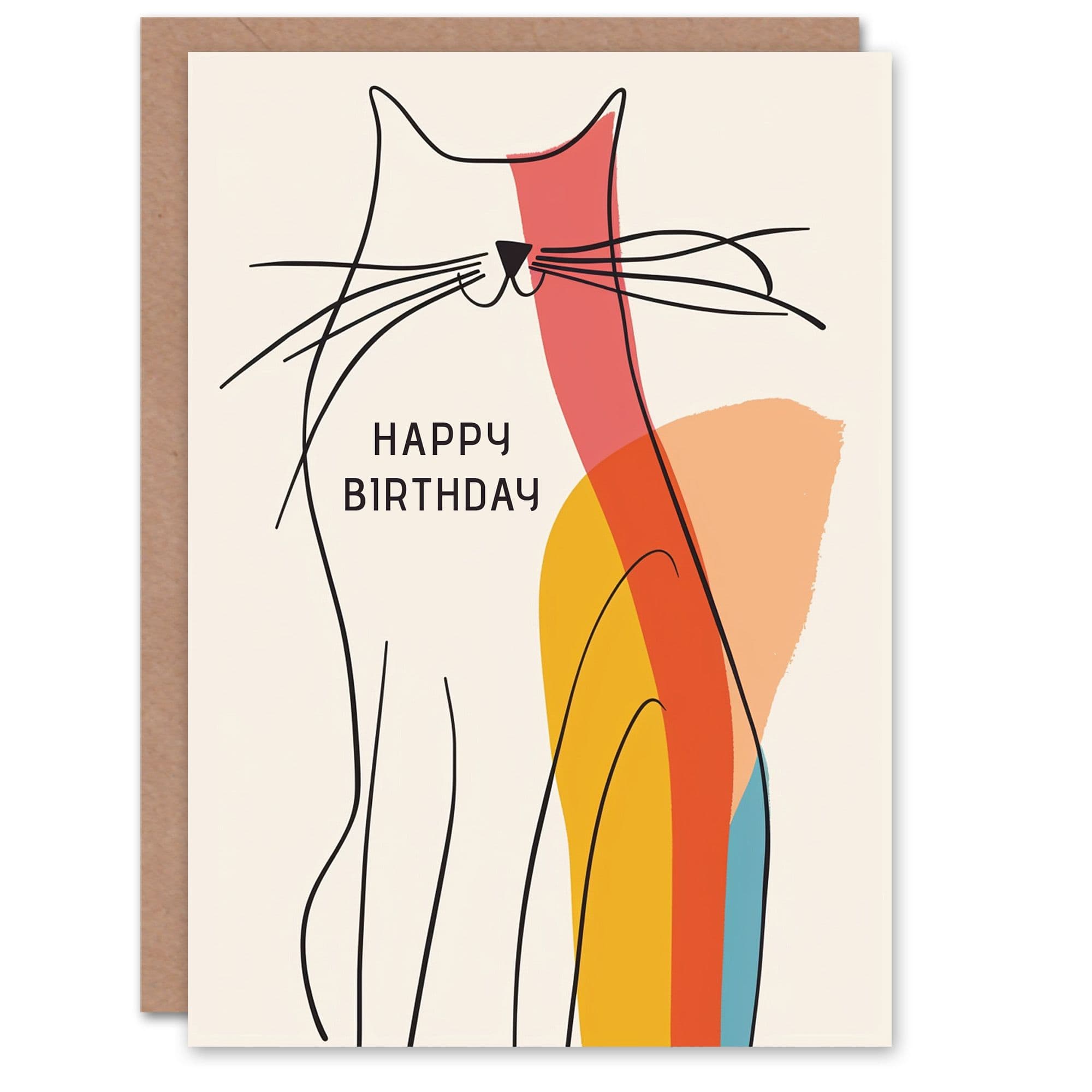 Birthday Card Modern Line Drawing Cat Silhouette Colourful Animal