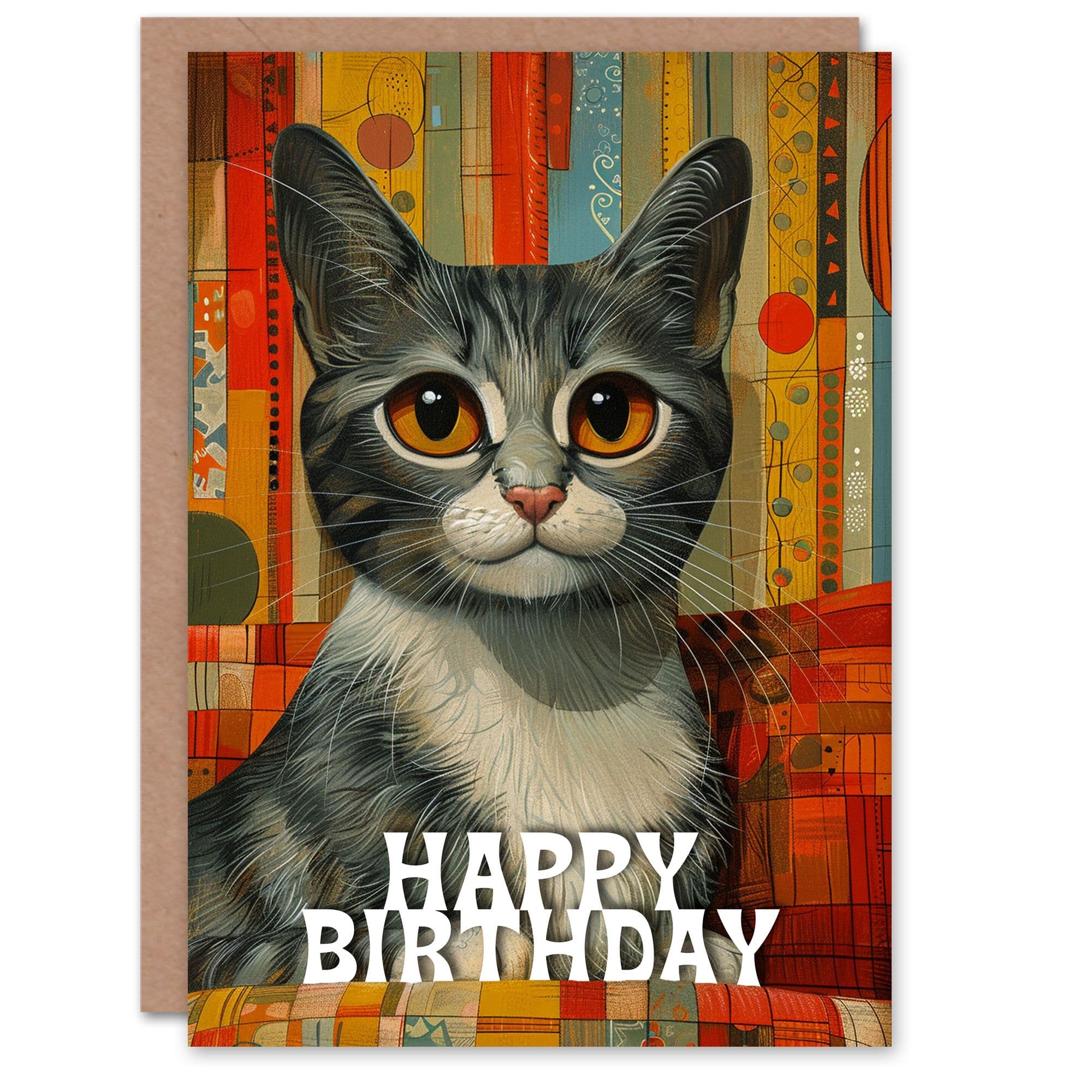 Birthday Card Retro Midcentury Cat Portrait Patchwork Cute Animal