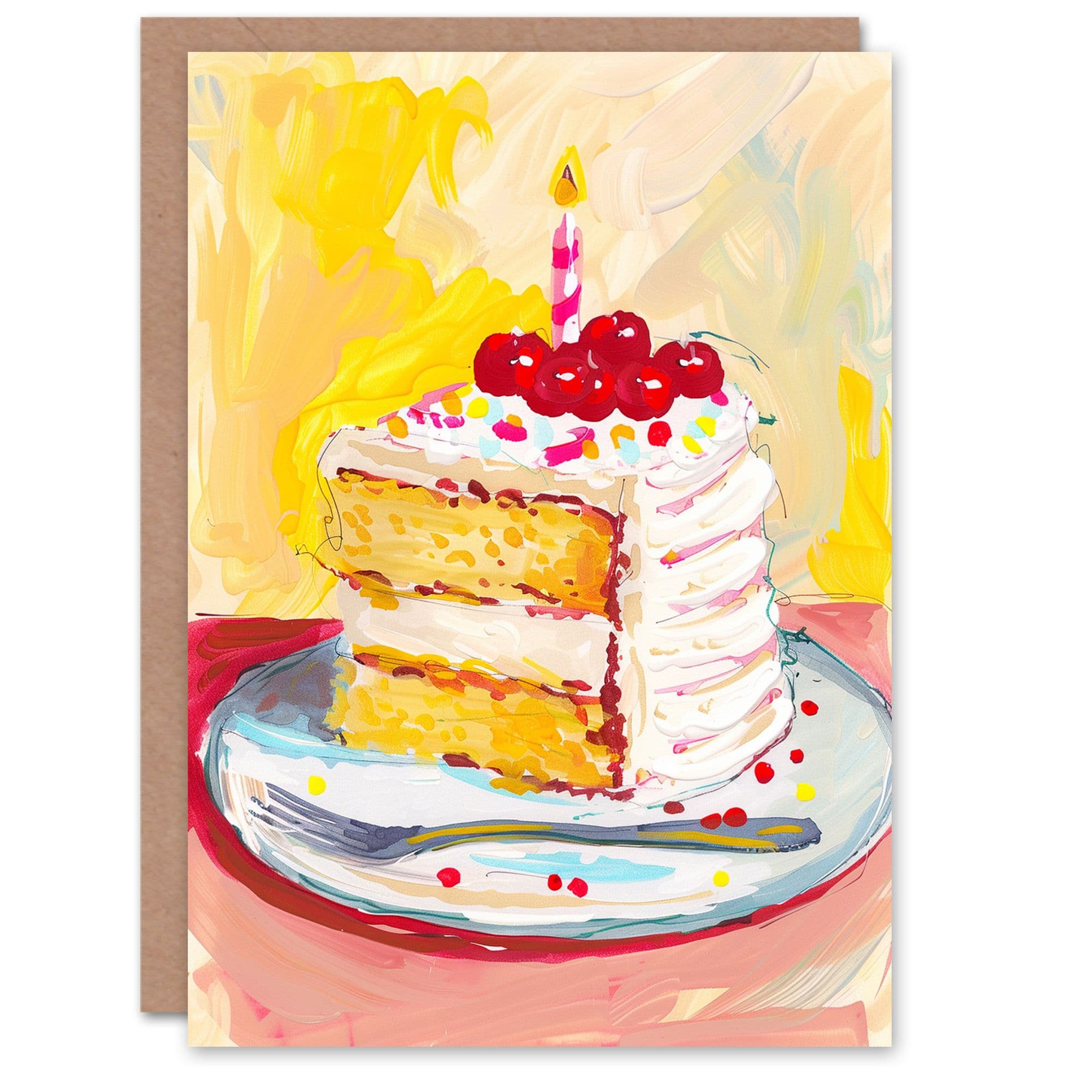 Birthday Card Delicious Birthday Cake Slice Candle Cherries Painting