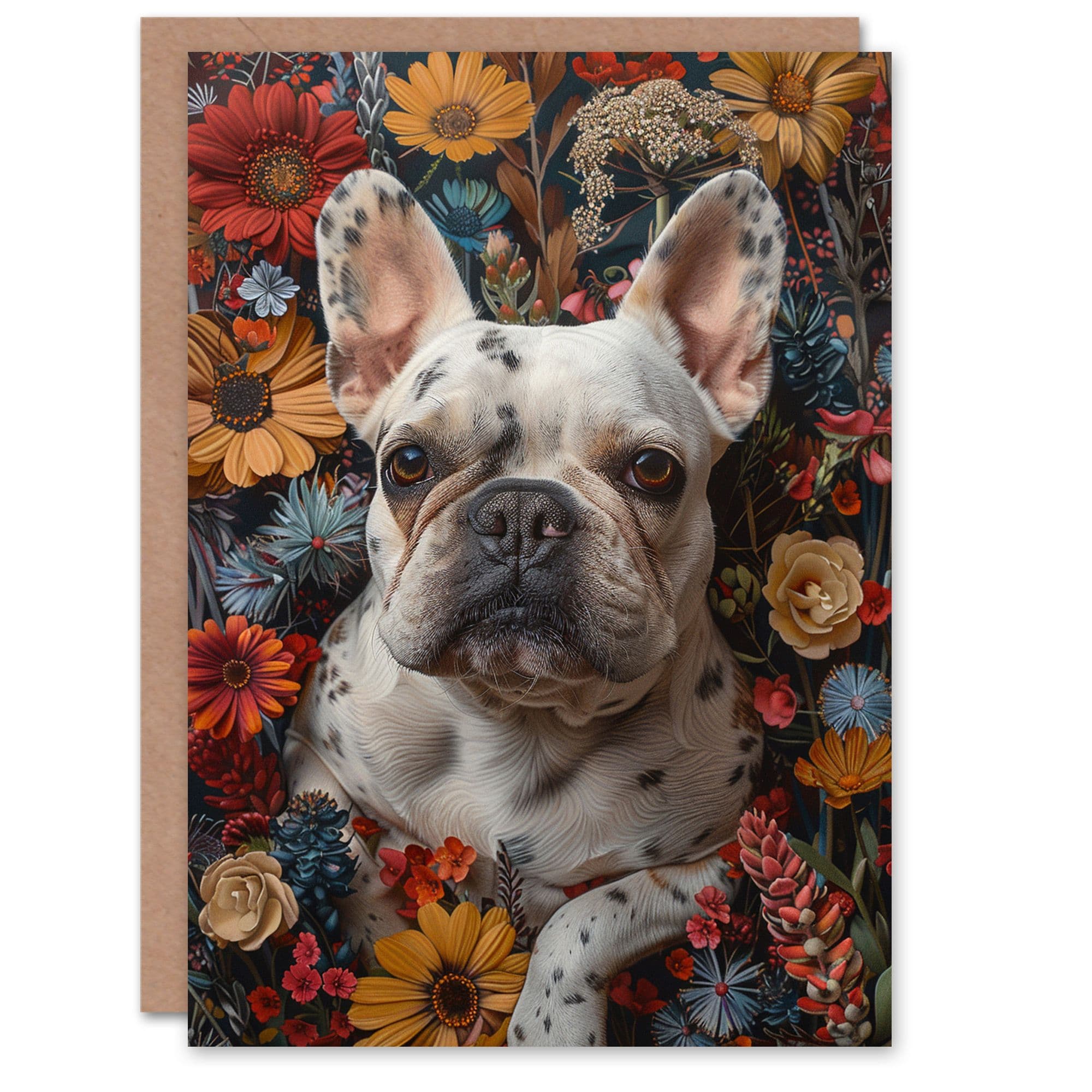 Birthday Card Spotted French Bulldog Autumn Wildflowers Dog Lover