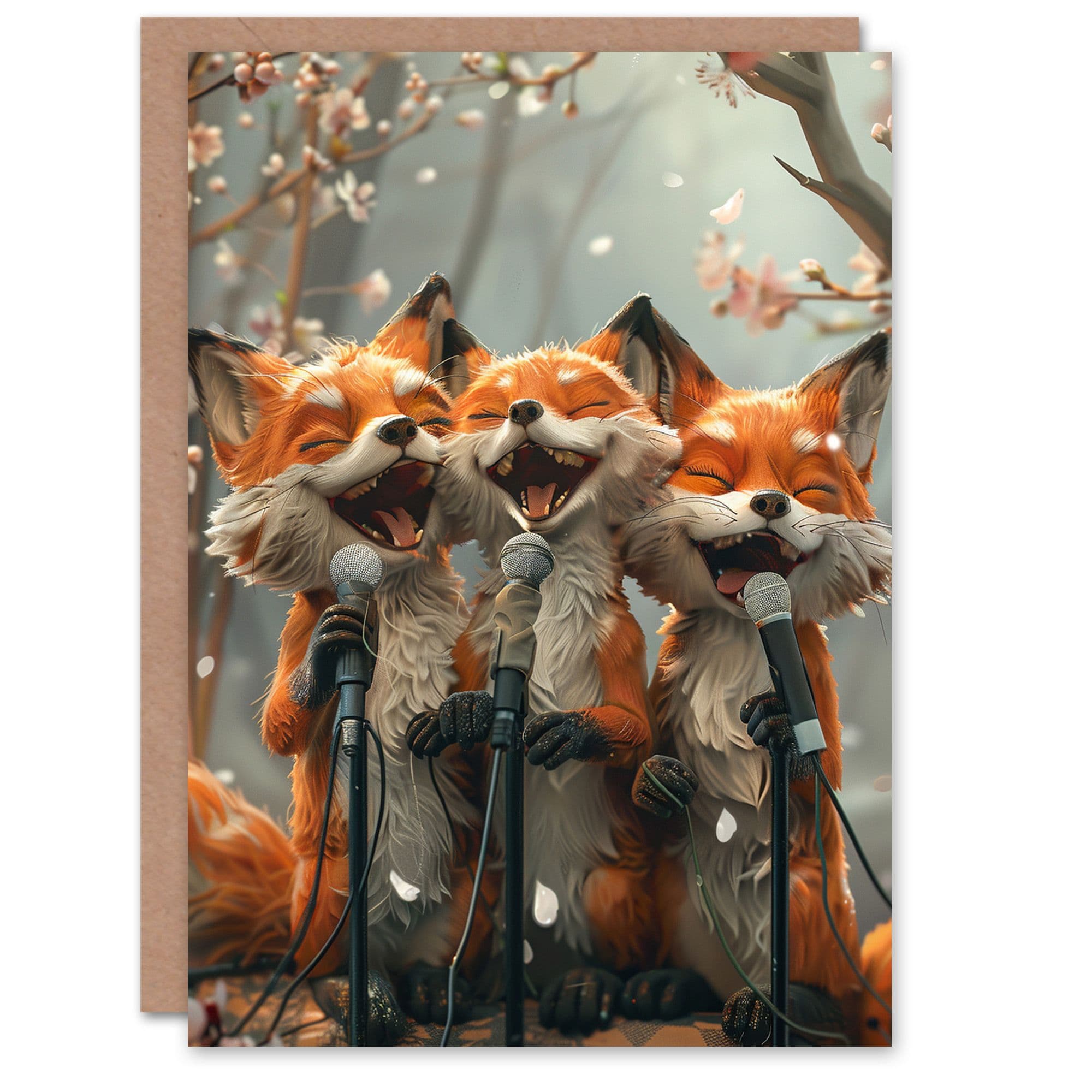 Birthday Card Three Cute Woodland Foxes Singing Karaoke Fun Animals