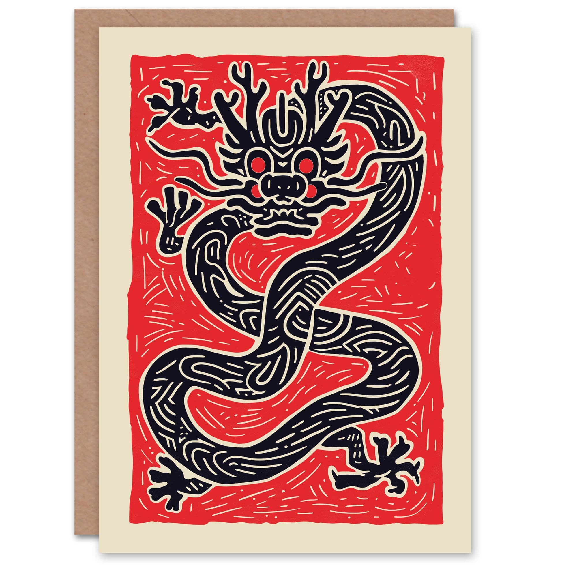 Birthday Card Traditional Black Chinese Dragon Asian Art Print Red