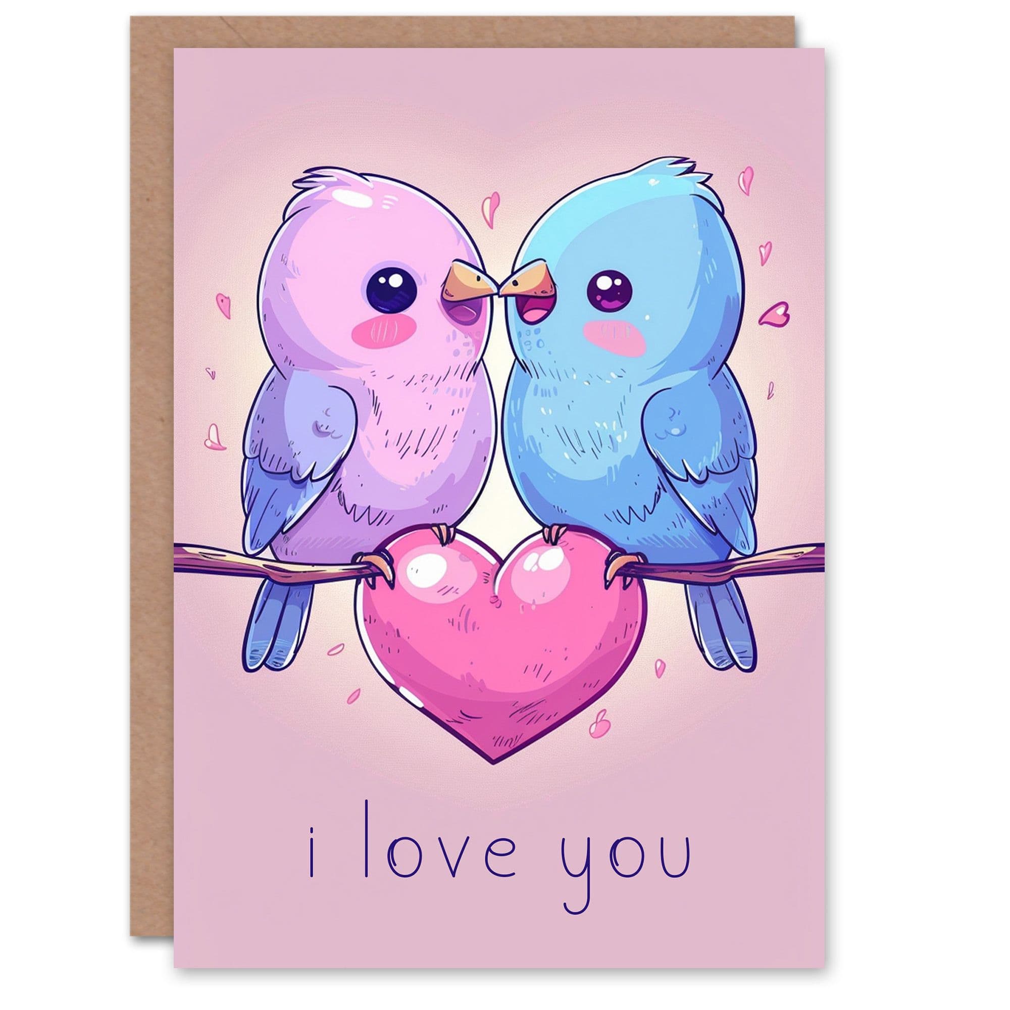 Adorable Kawaii Birds Cartoon Kissing Love You Anniversary Card