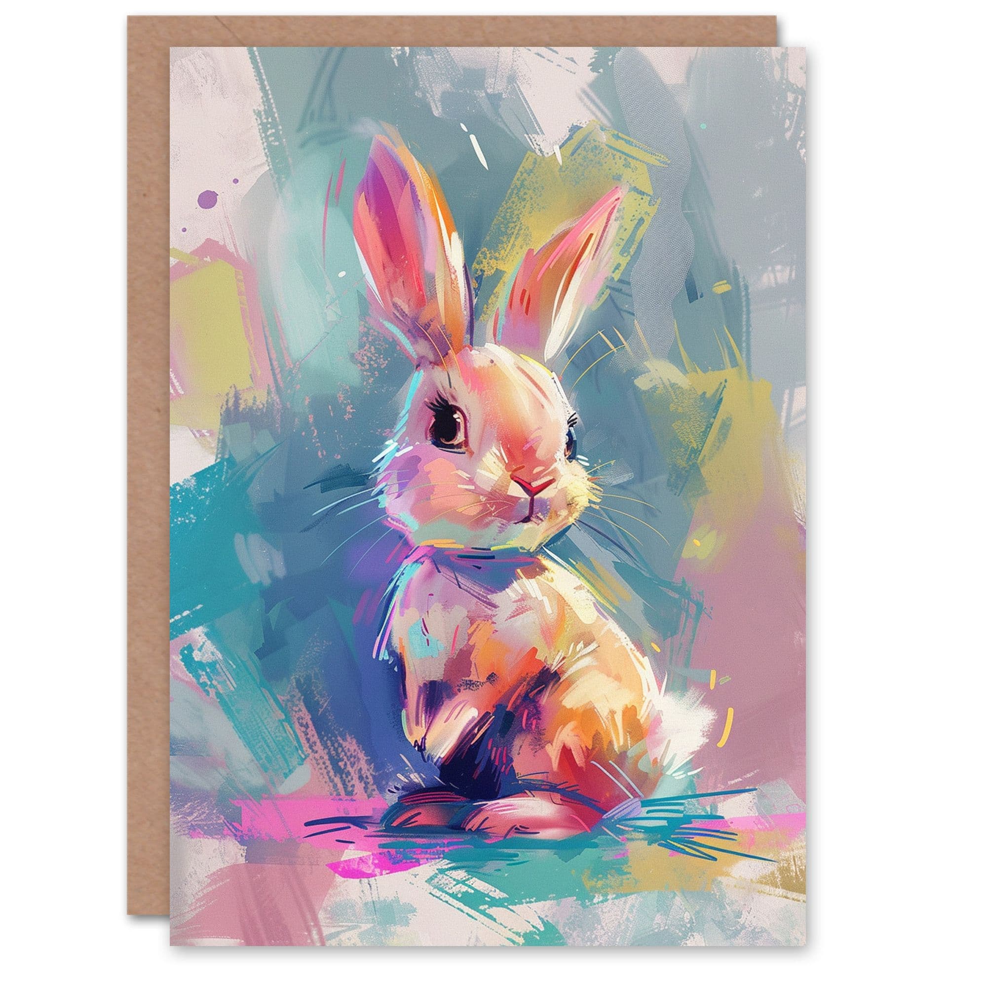Cute Baby Bunny Rabbit Pastel Colour Oil Painting Birthday Card