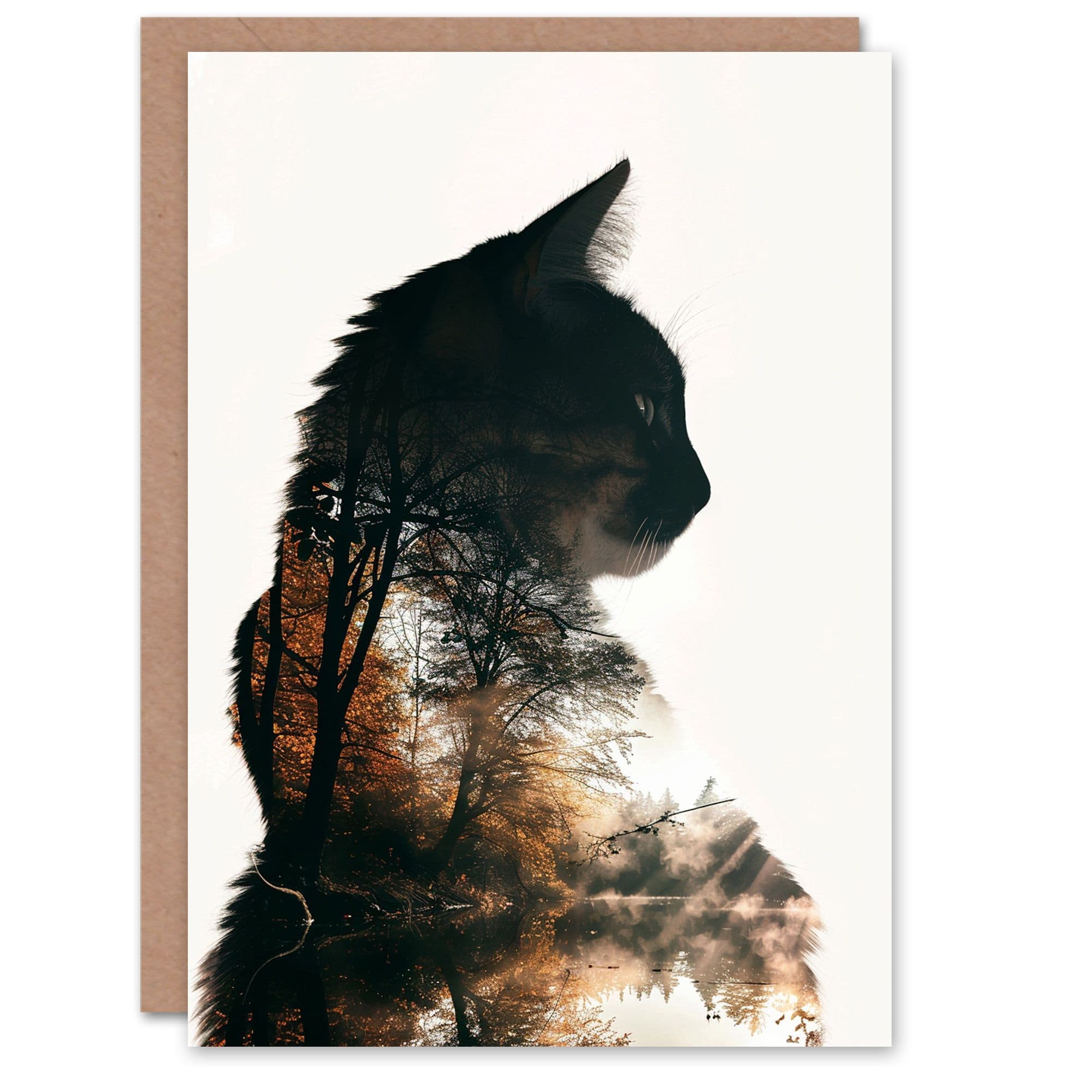 Cat Lover Double Exposure Forest Lake Landscape Birthday Card