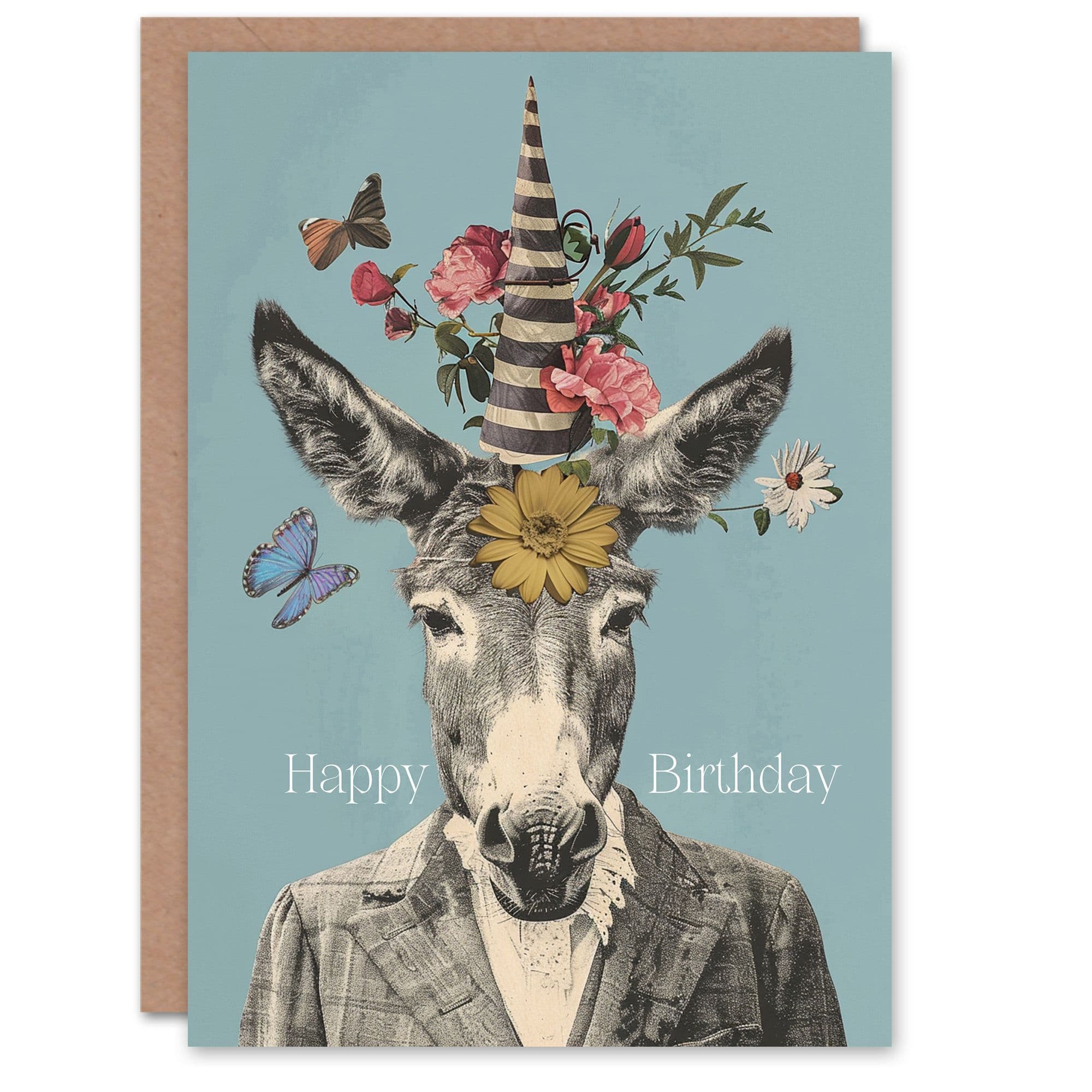 Stylish Donkey Party Hat Floral Portrait Collage Birthday Card