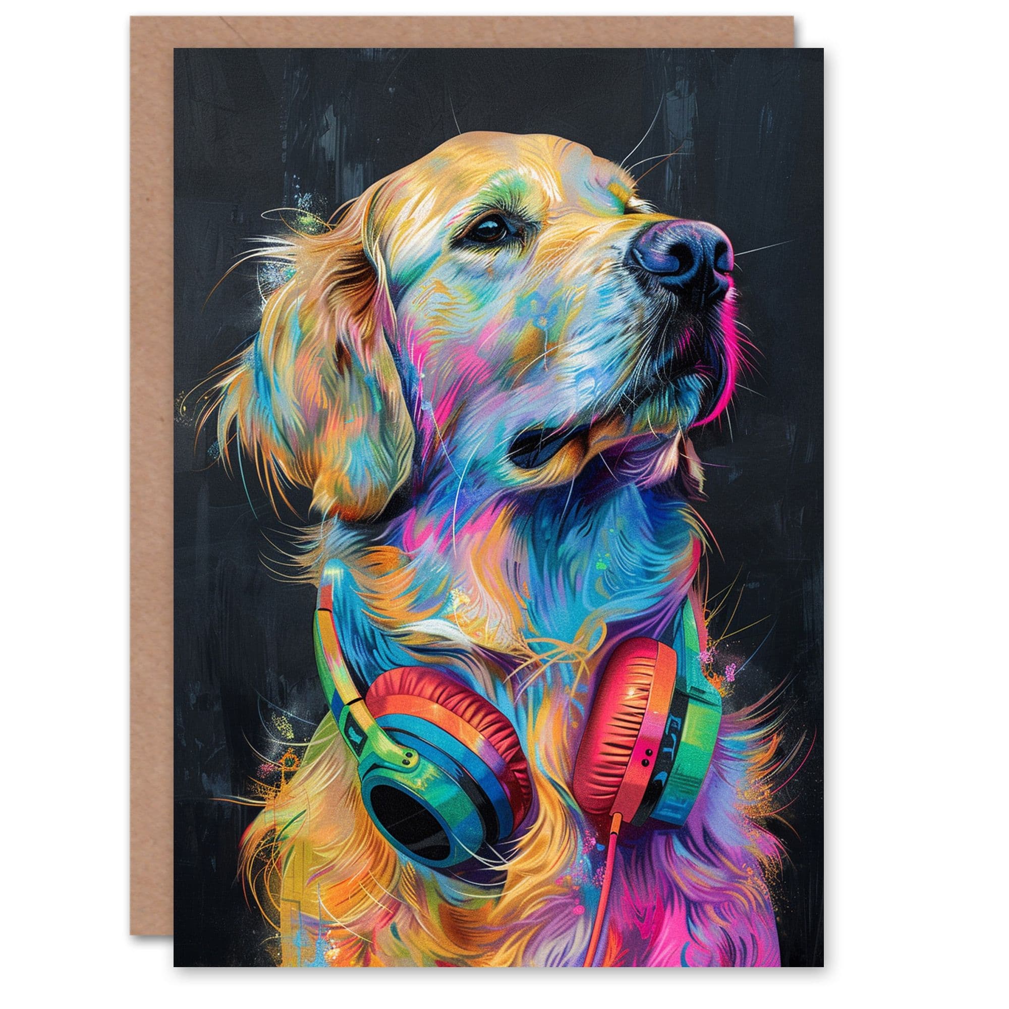 Colourful Golden Retriever Headphones Dog Lover Birthday Card