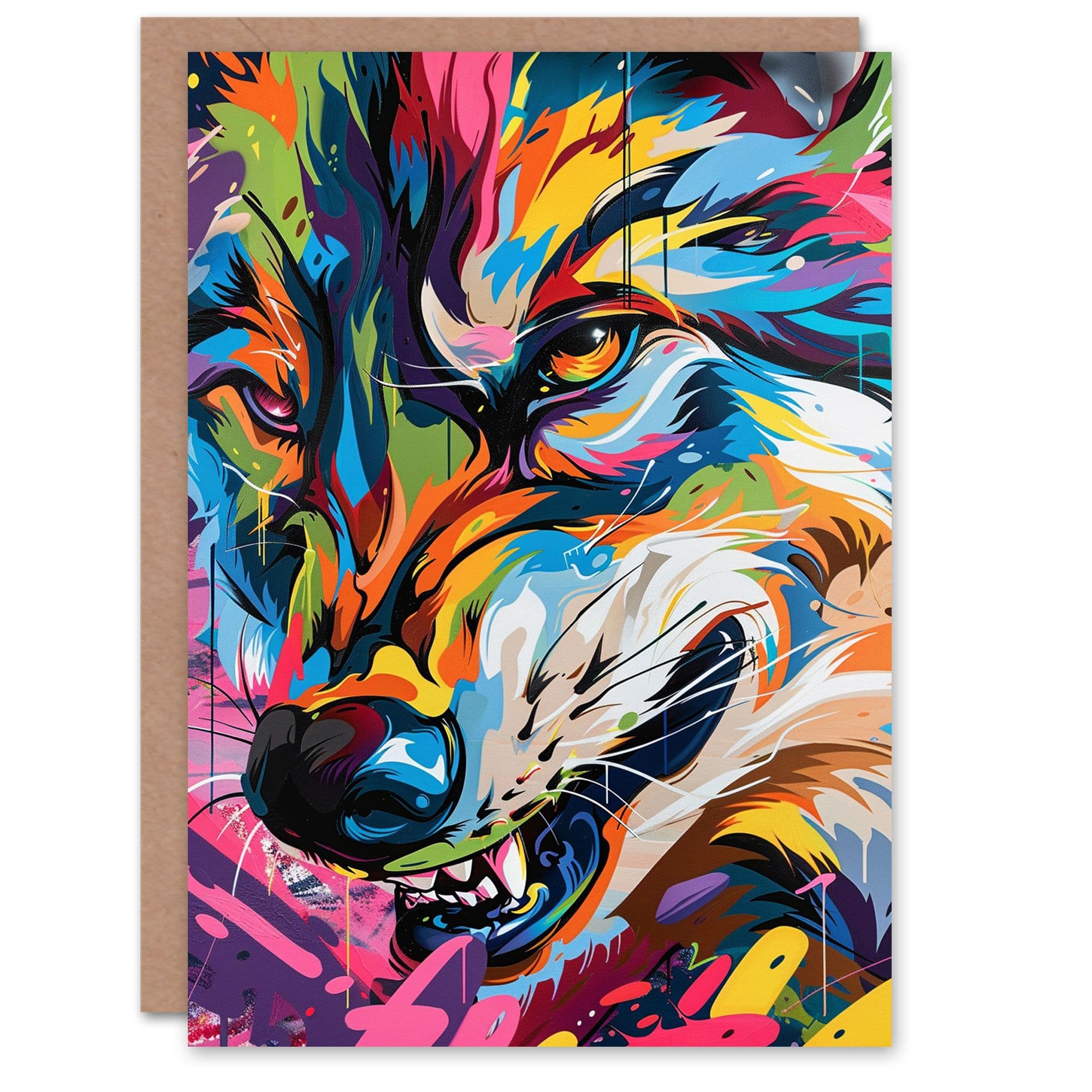 Colourful Street Art Graffiti Growling Wolf Birthday Card