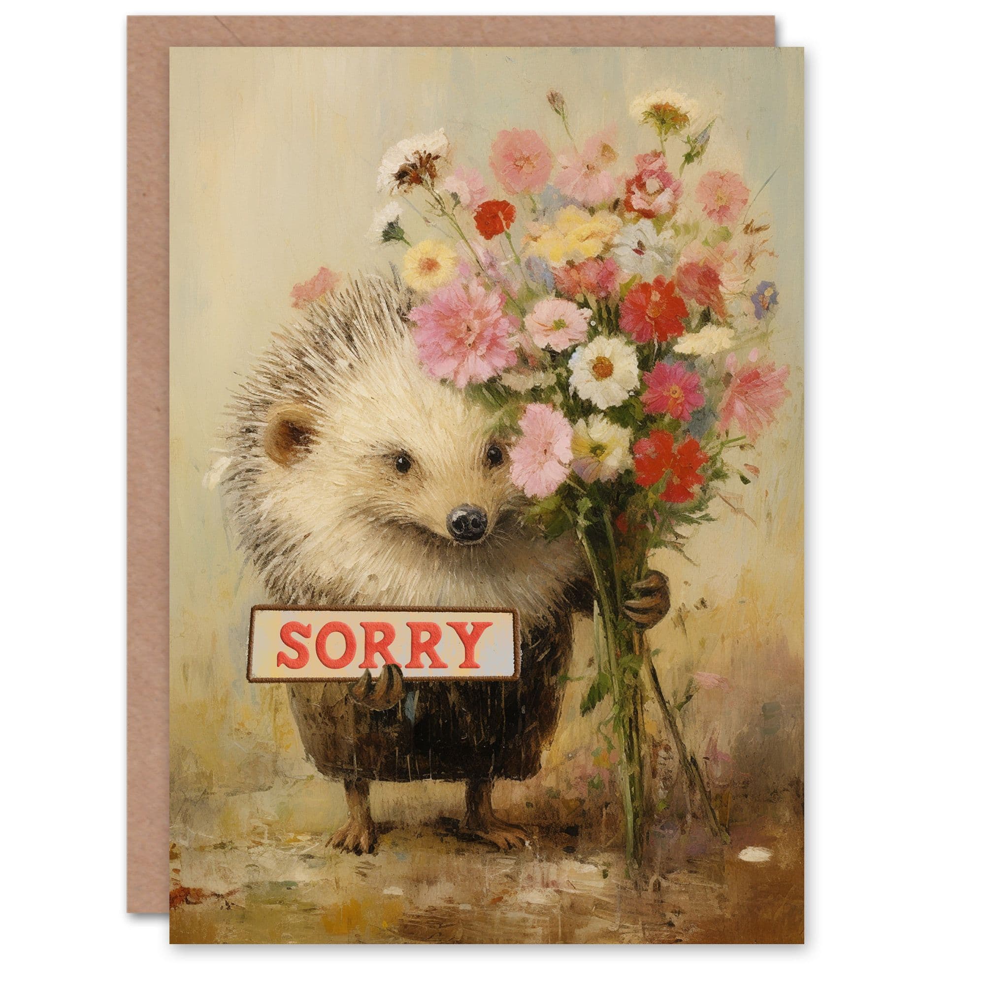 Cute Hedgehog Flower Bouquet and Sorry Sign Apology Card