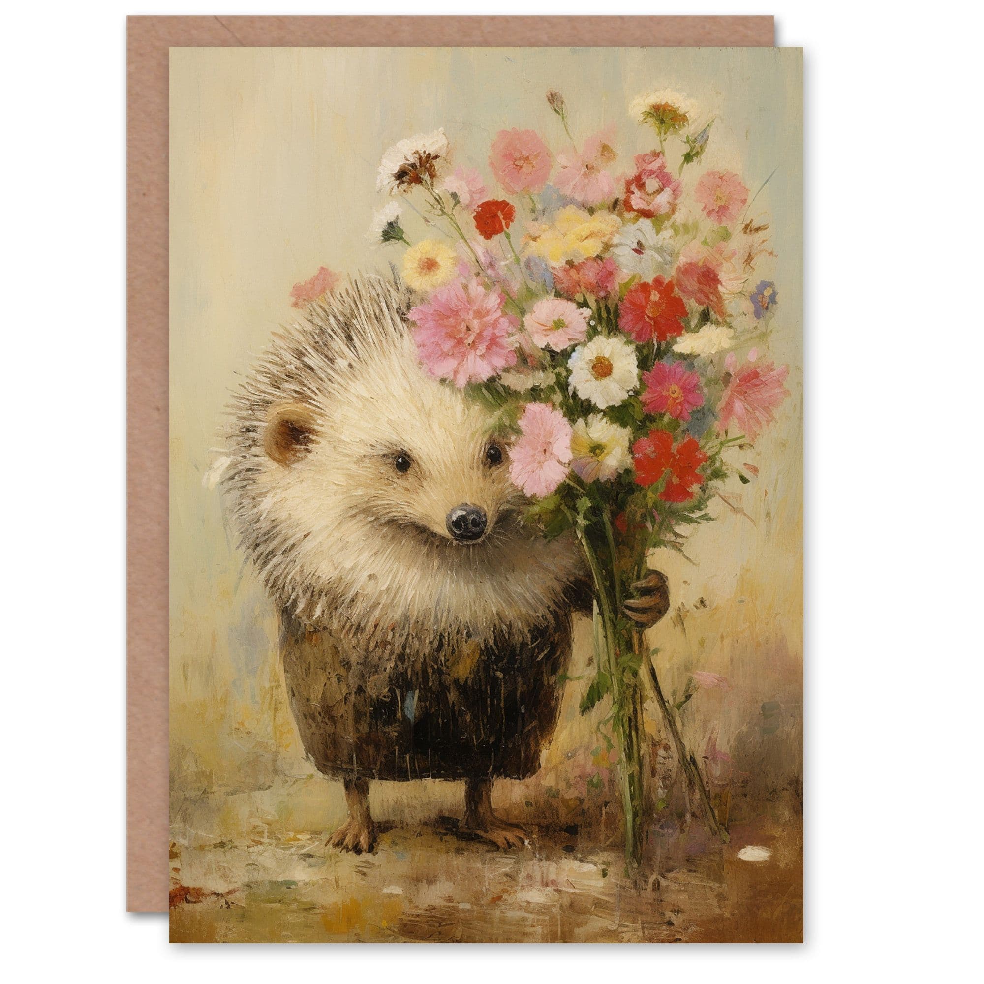 Cute Hedgehog Spring Flower Bouquet Oil Painting Birthday Card