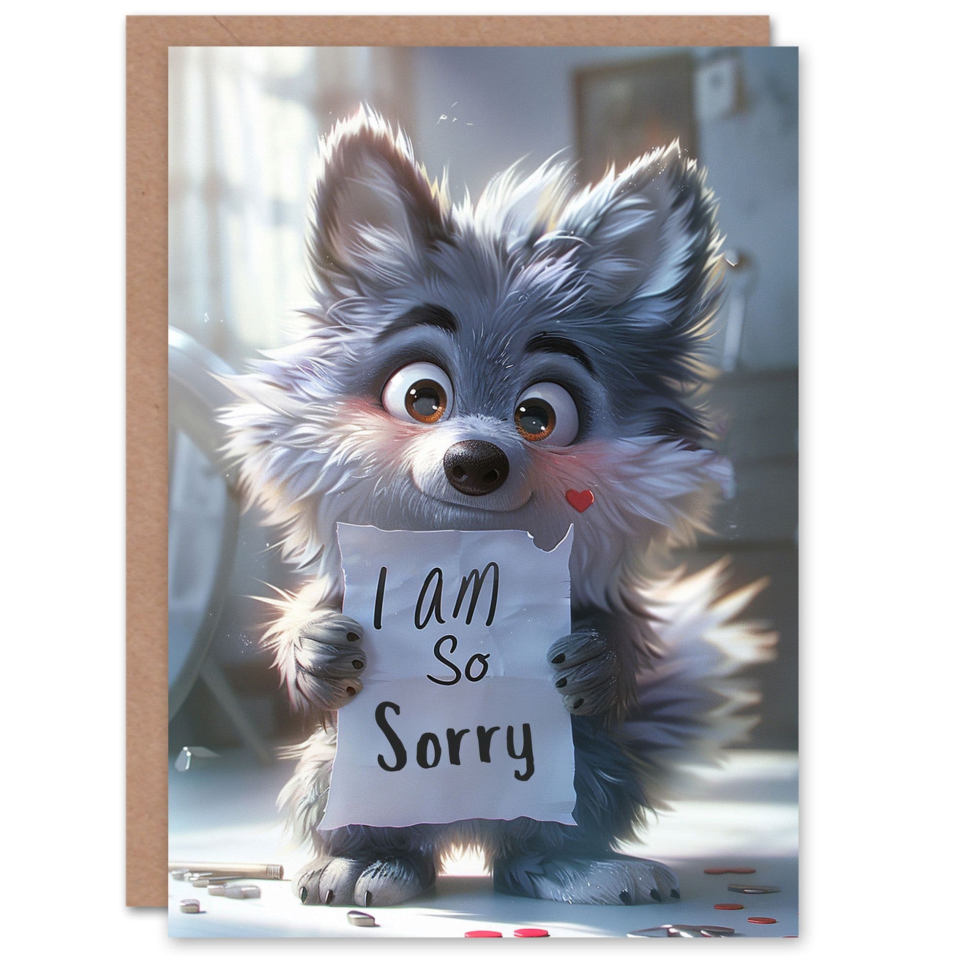 Cute Wolf Puppy Holding So Sorry Sign Cartoon Apology Card