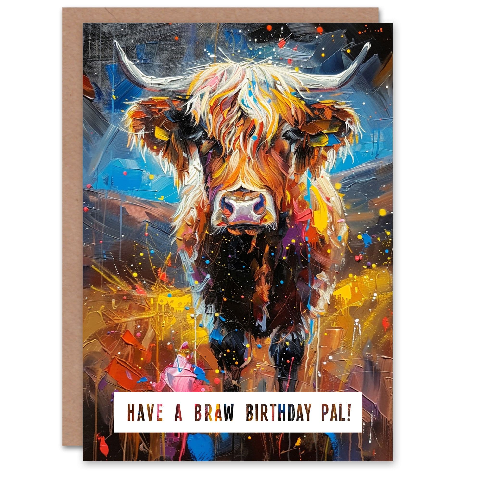 Colourful Highland Cow Painting Scottish Slang Birthday Card