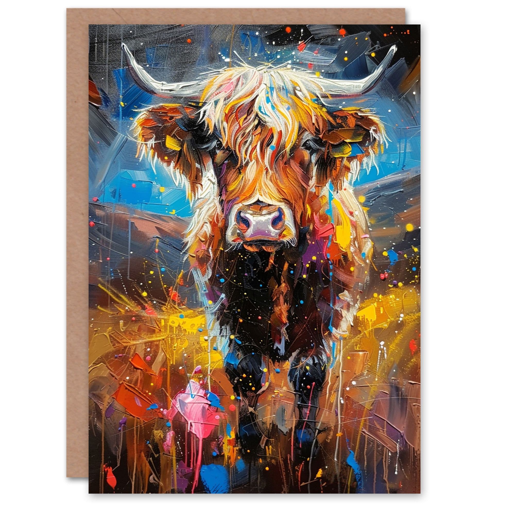 Hairy Highland Cow Colourful Scotland Oil Painting Birthday Card
