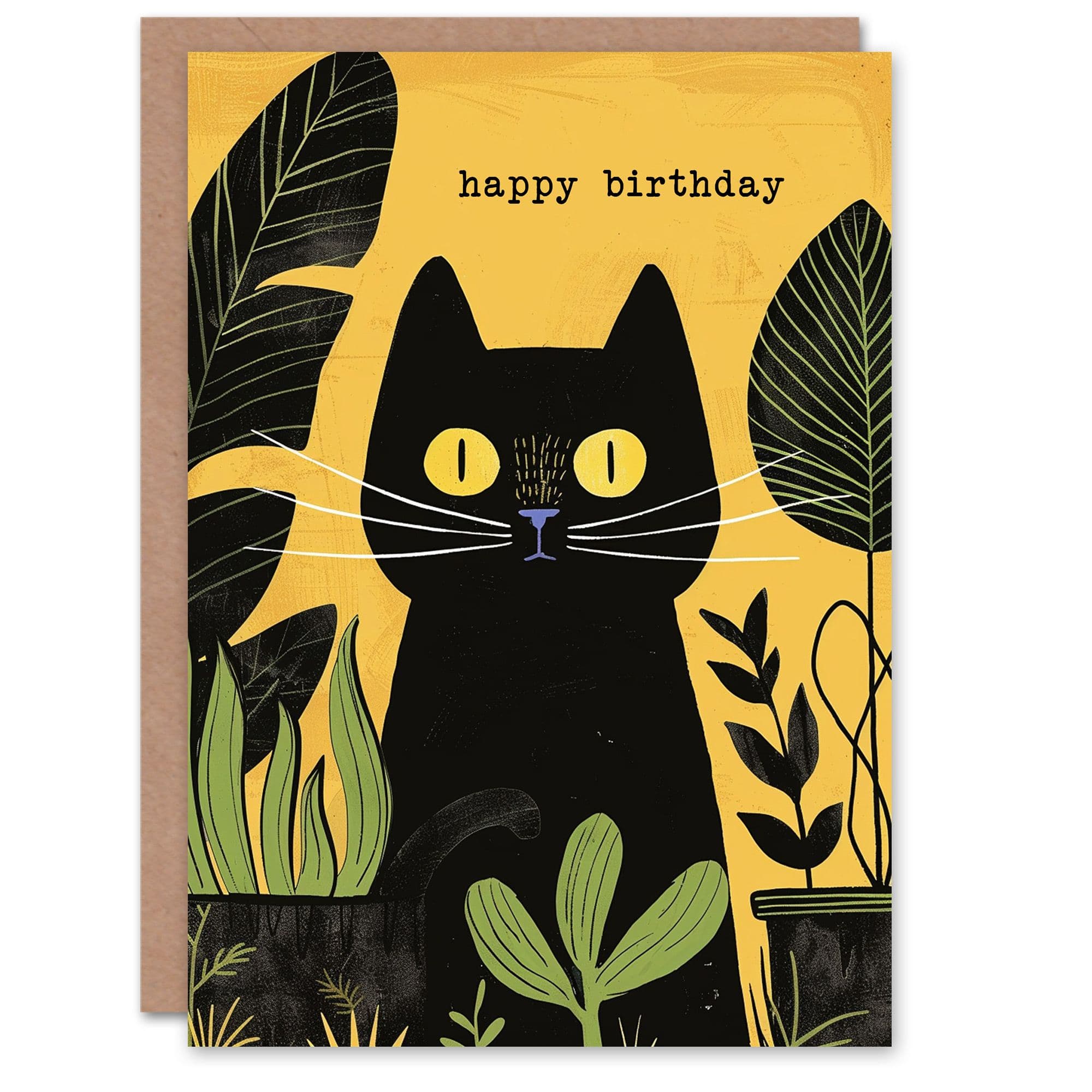 Plant Lover Cute Cat Pet Botanical Yellow Birthday Card