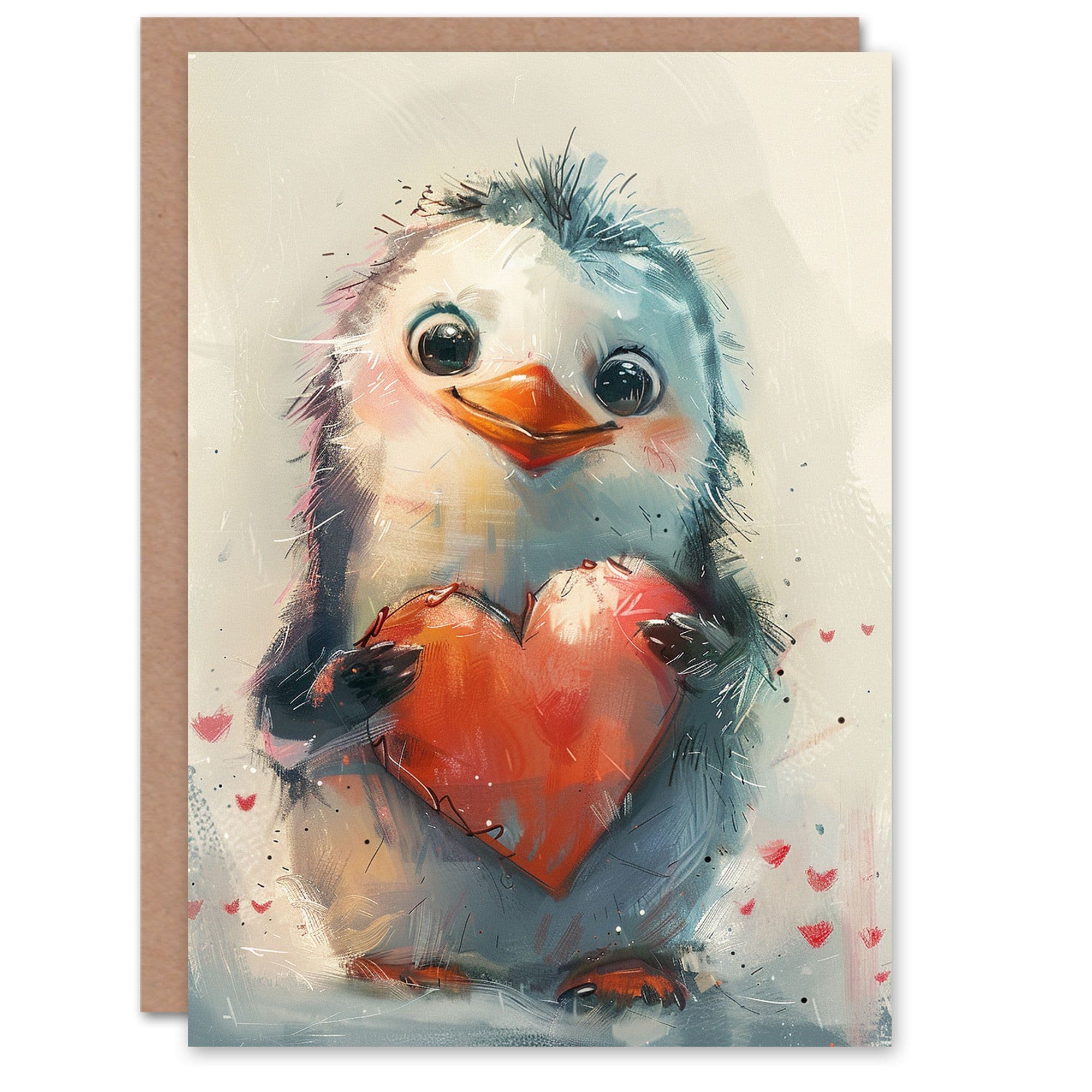 Cute Penguin Love Heart Sweet Painting Birthday Card