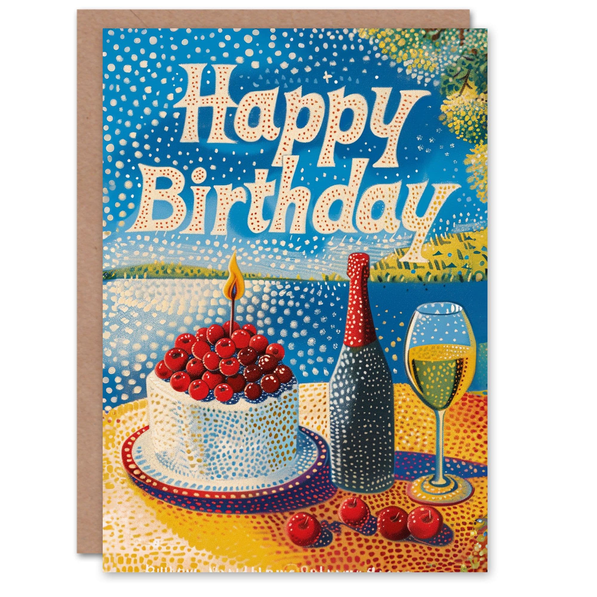 Cherry Cake Summer Pointillism Painting Birthday Card